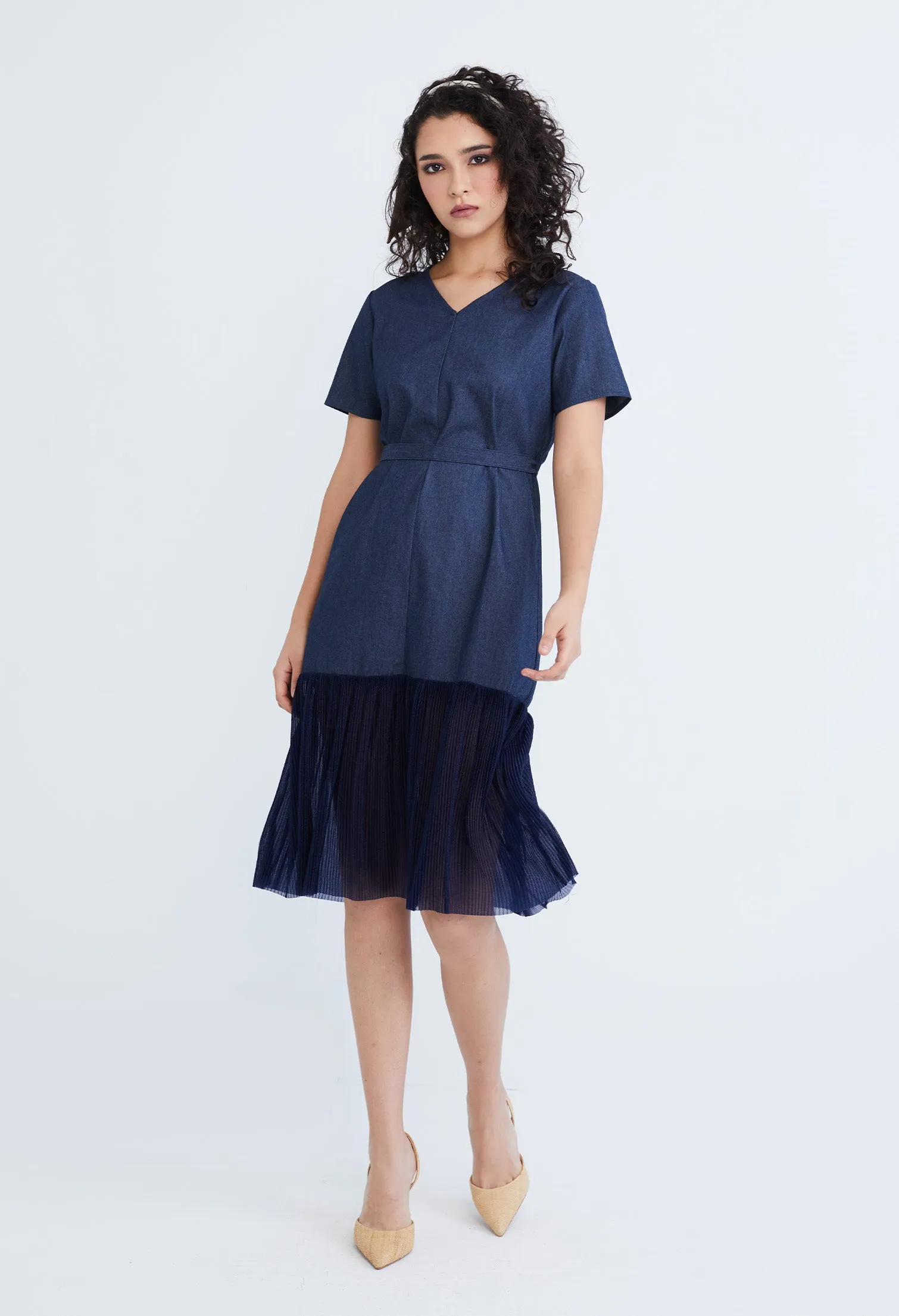 Denim Chiffon Pleated Combo Fabric Belted Dress