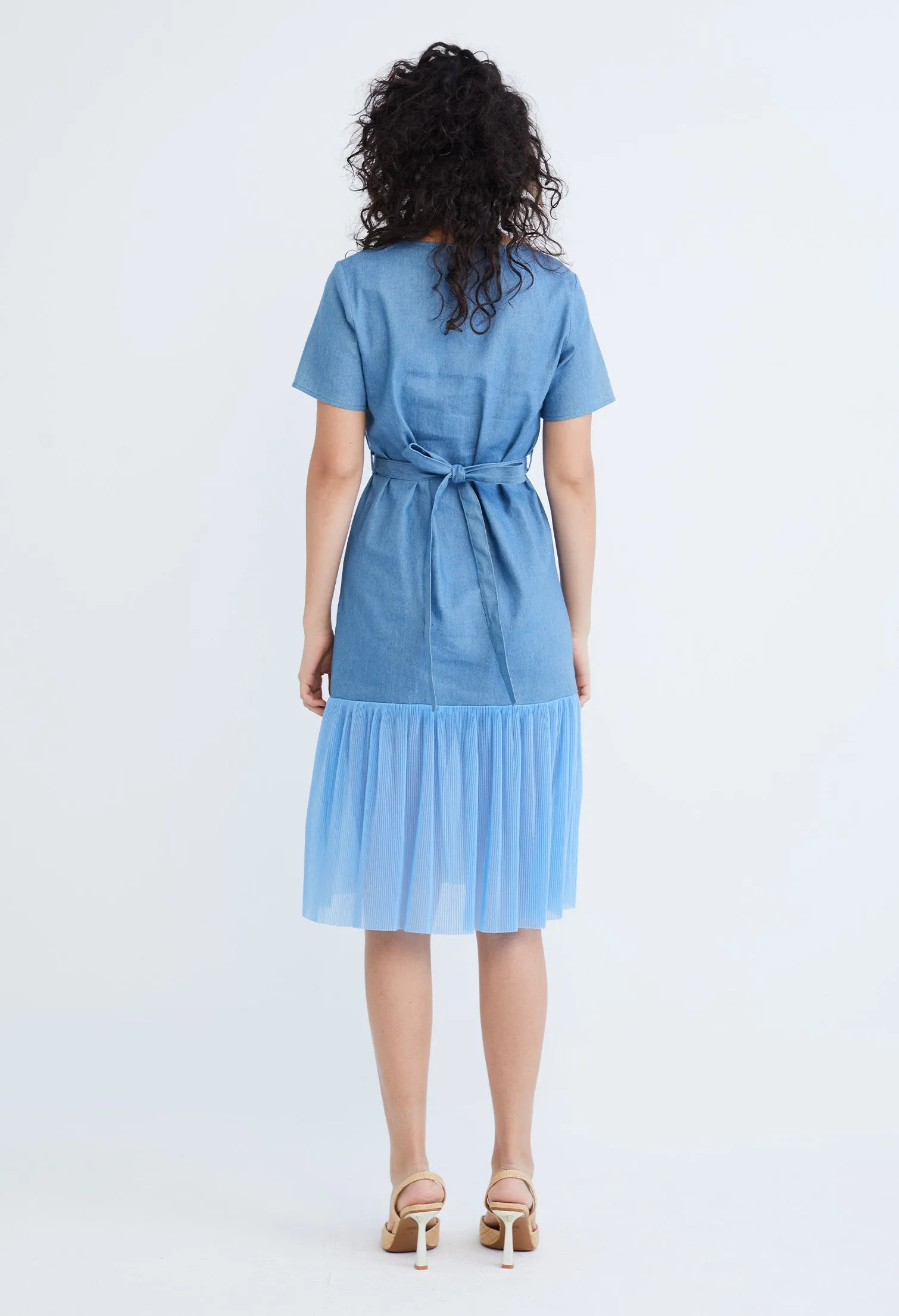 Denim Chiffon Pleated Combo Fabric Belted Dress