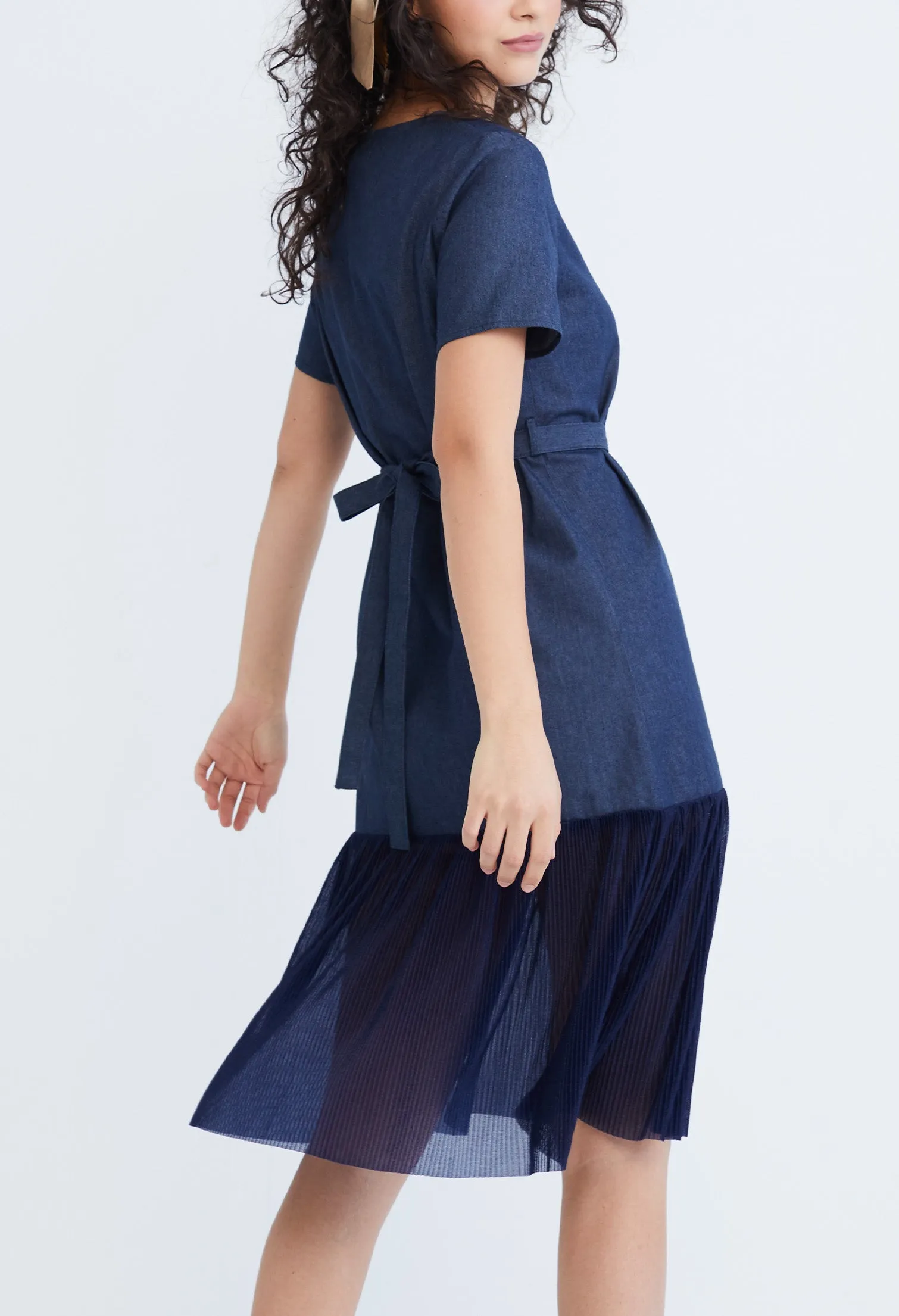 Denim Chiffon Pleated Combo Fabric Belted Dress