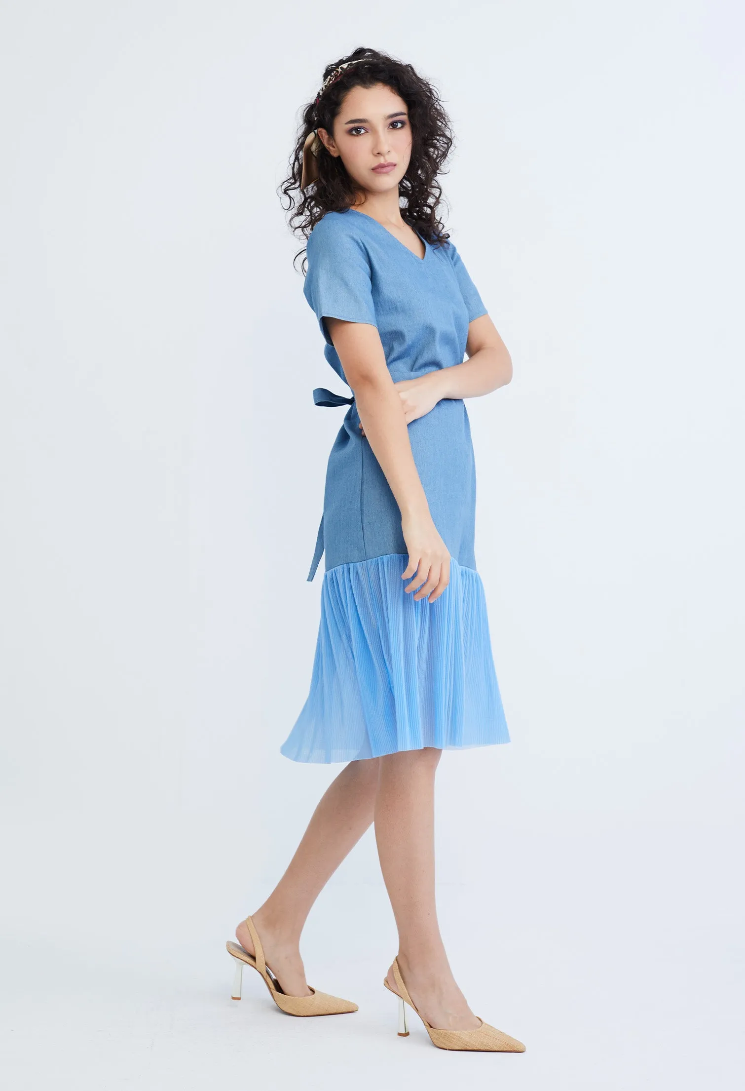 Denim Chiffon Pleated Combo Fabric Belted Dress