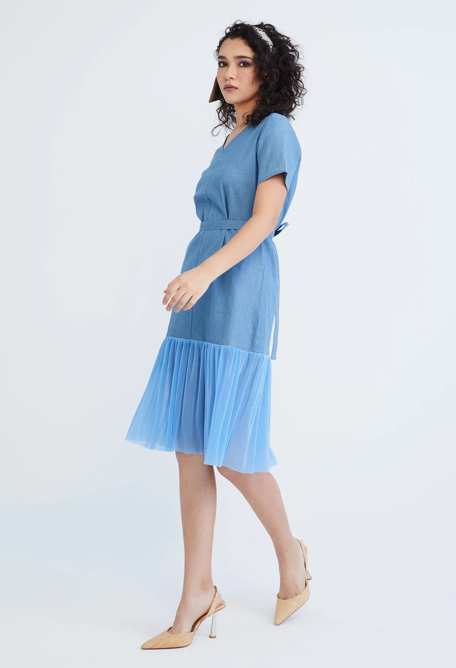 Denim Chiffon Pleated Combo Fabric Belted Dress