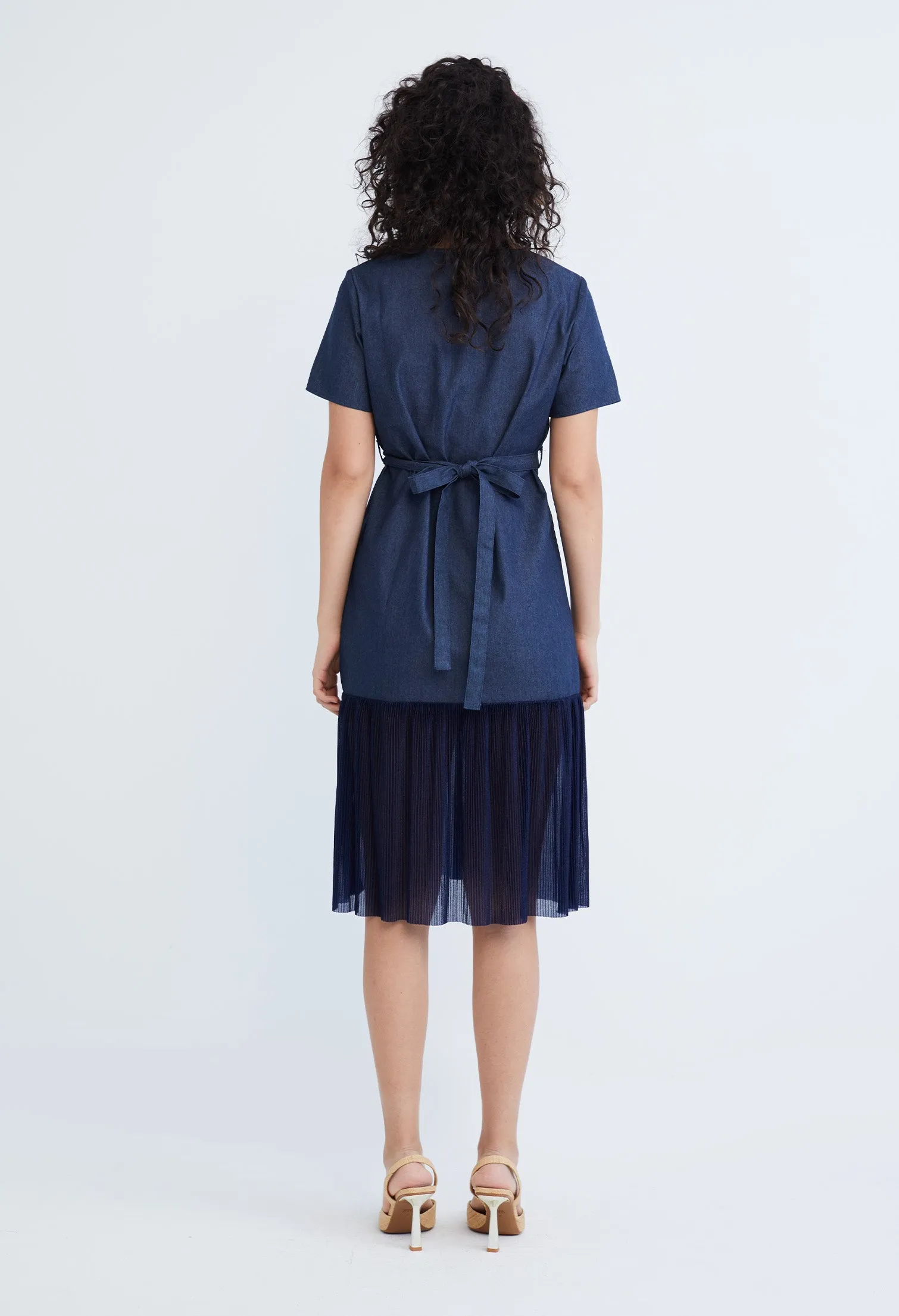 Denim Chiffon Pleated Combo Fabric Belted Dress