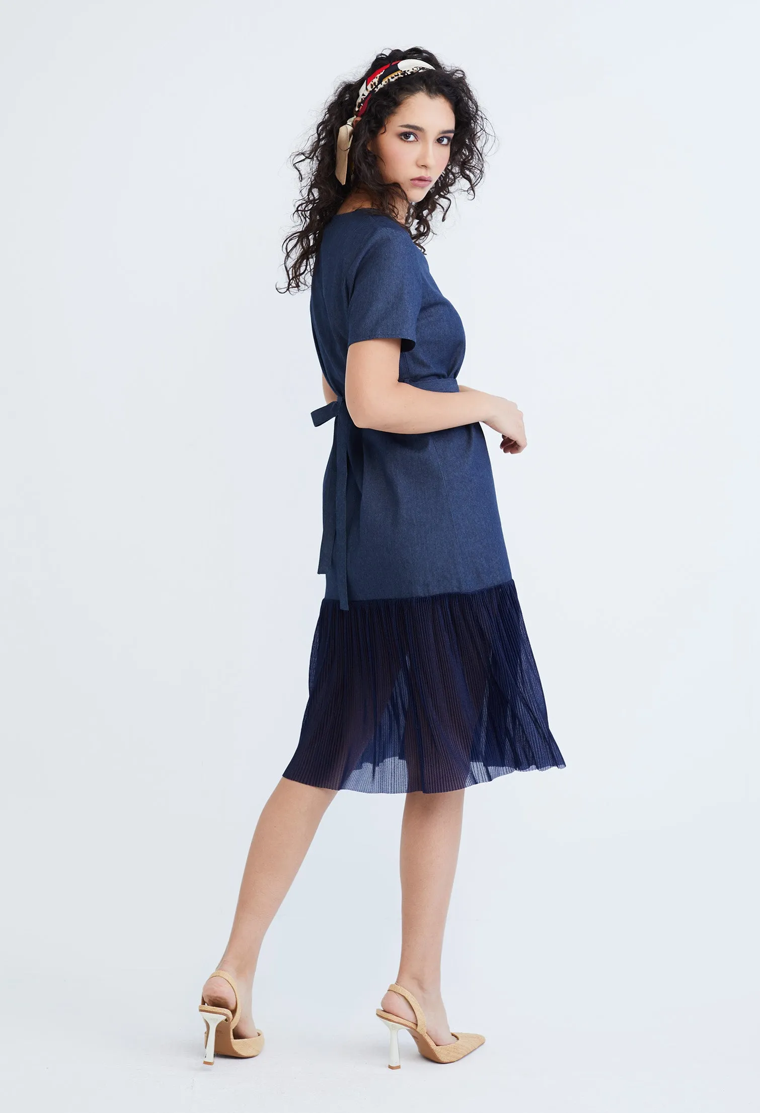 Denim Chiffon Pleated Combo Fabric Belted Dress