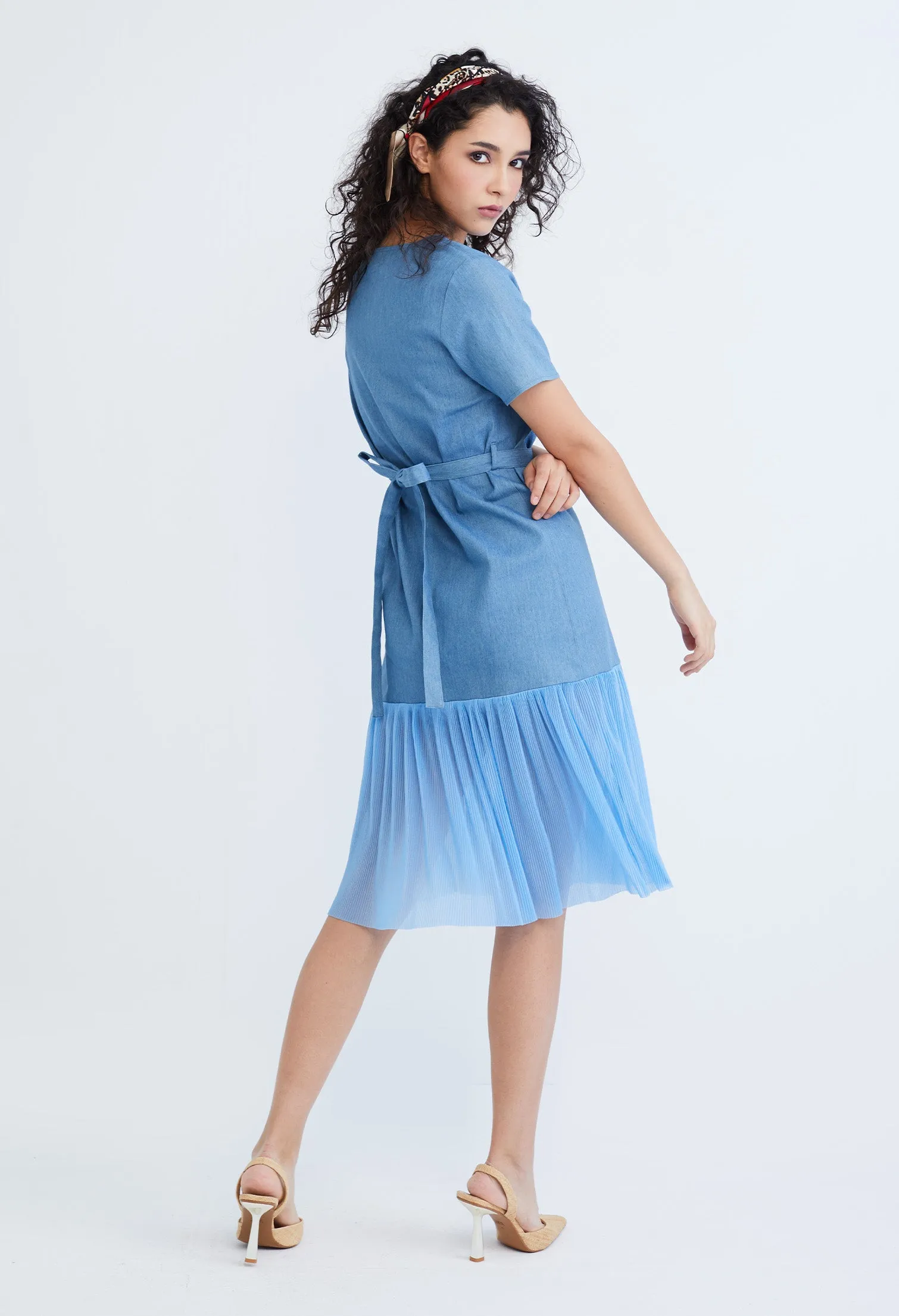 Denim Chiffon Pleated Combo Fabric Belted Dress