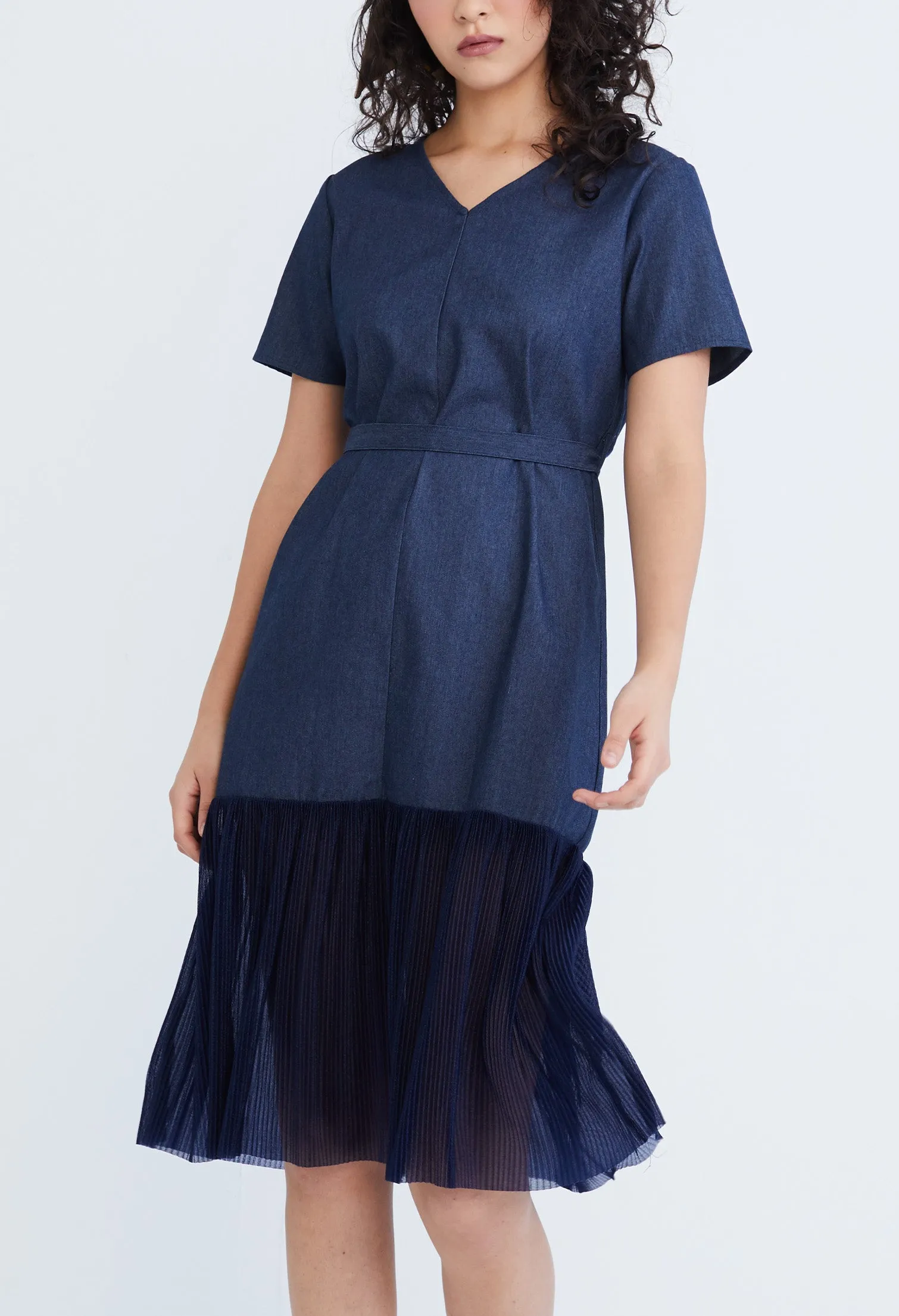 Denim Chiffon Pleated Combo Fabric Belted Dress