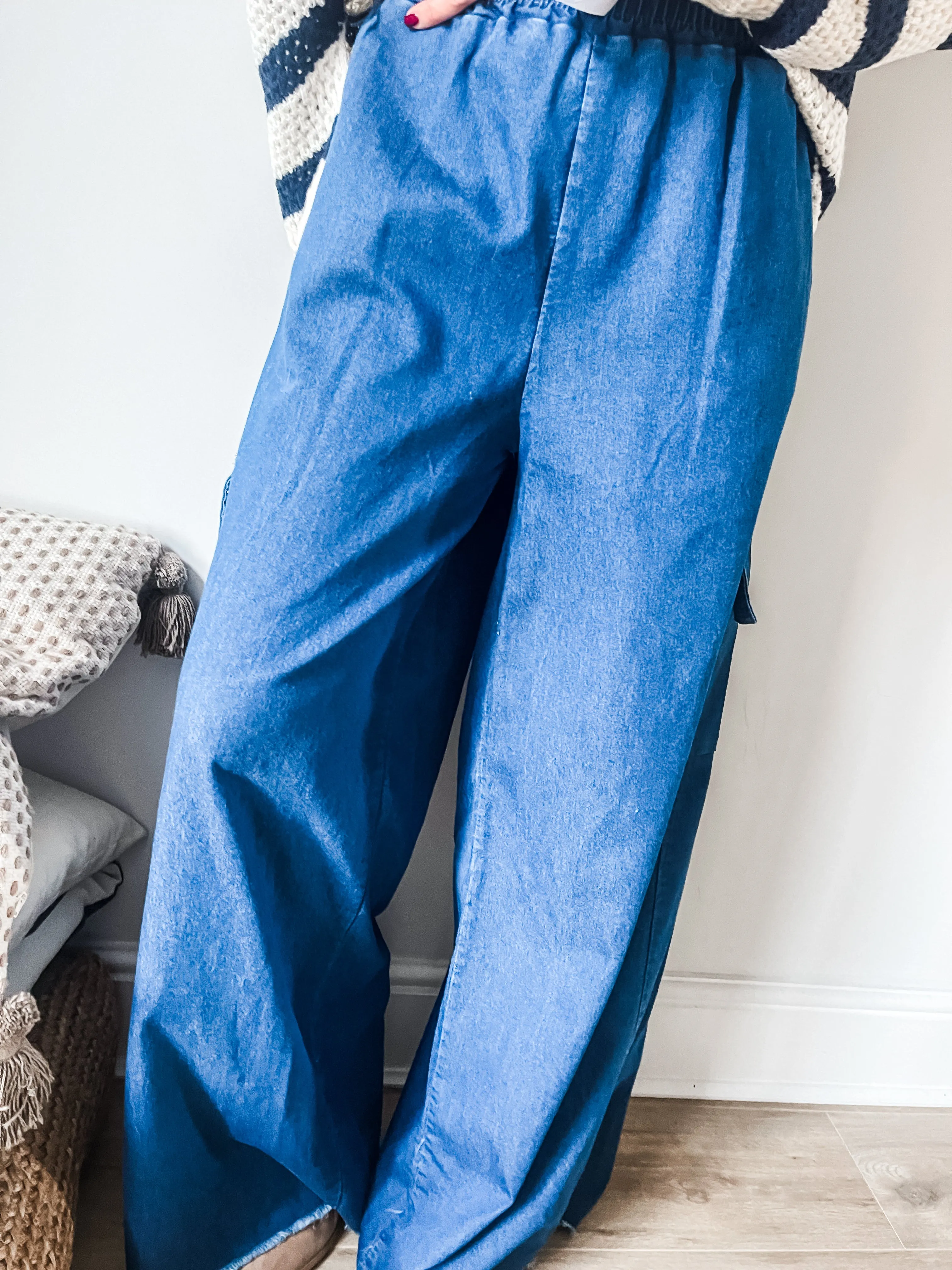 Denim Wide Leg Cargo Trousers PLUS SIZE