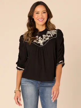 Elbow Puff Sleeve Ruffle Neck Embroidered Yoke Petite Woven Top