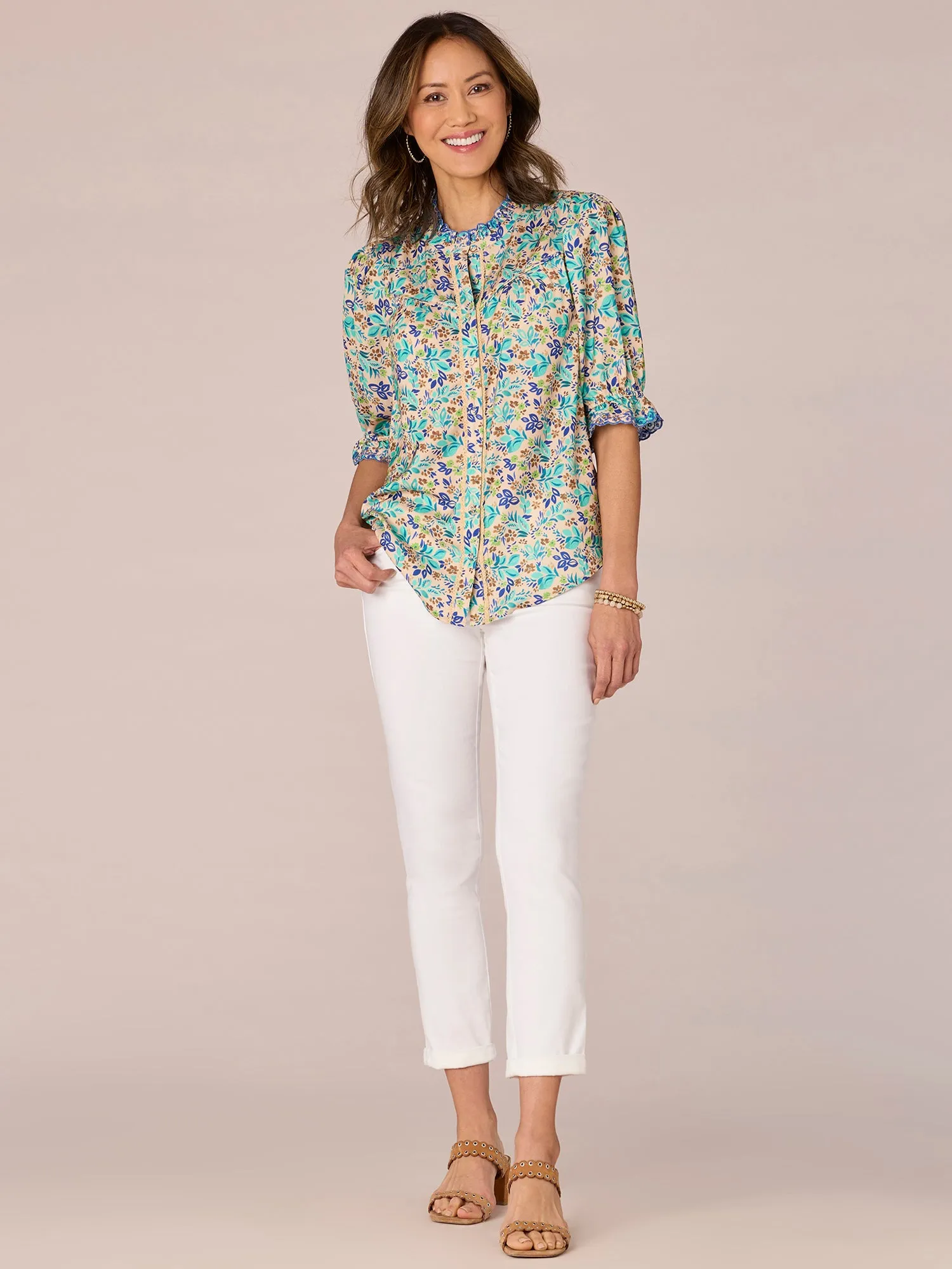 Elbow Sleeve Button Down Eyelet Ruffle Neck Floral Print Woven Top