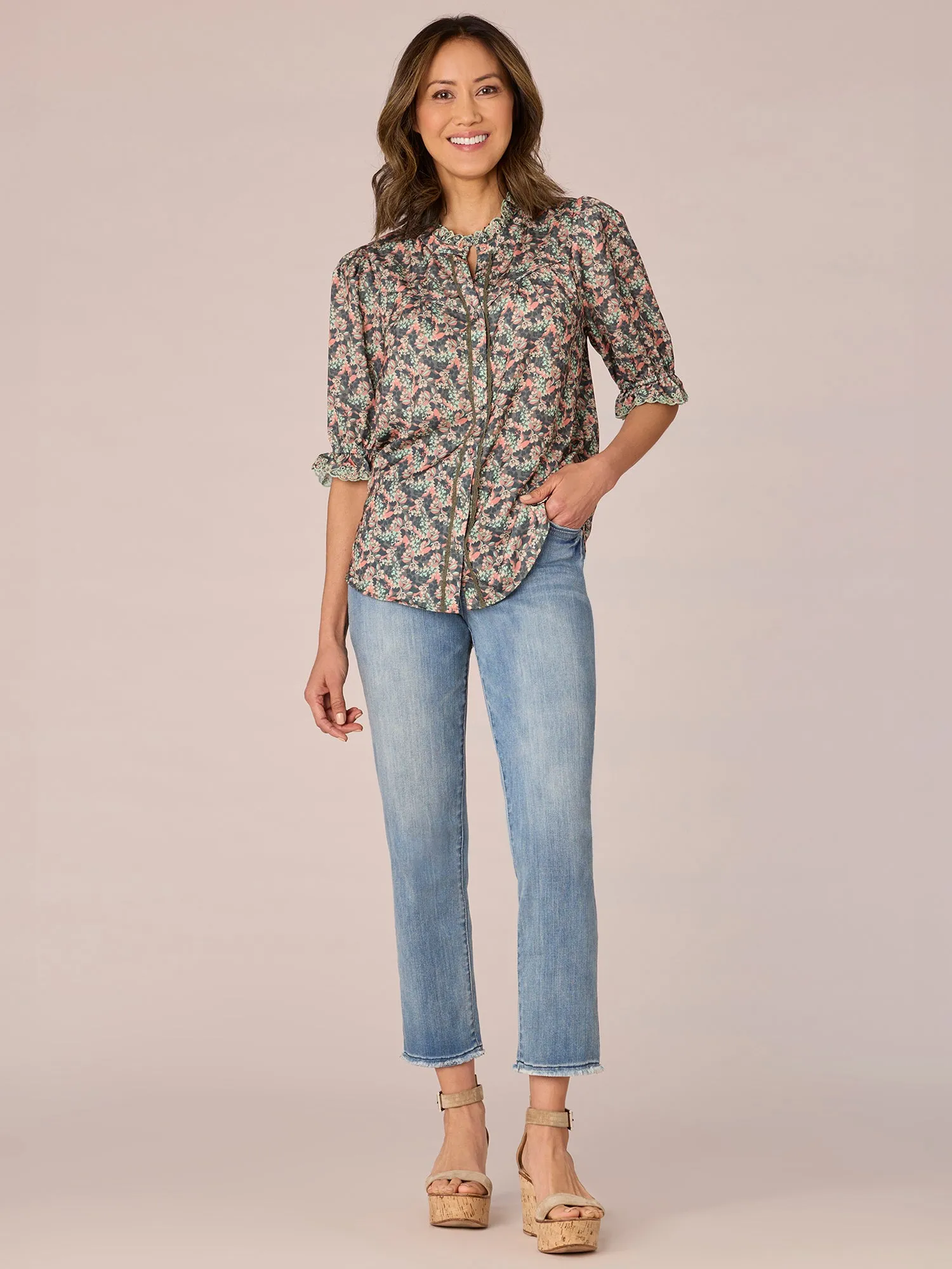 Elbow Sleeve Button Down Eyelet Ruffle Neck Floral Print Woven Top