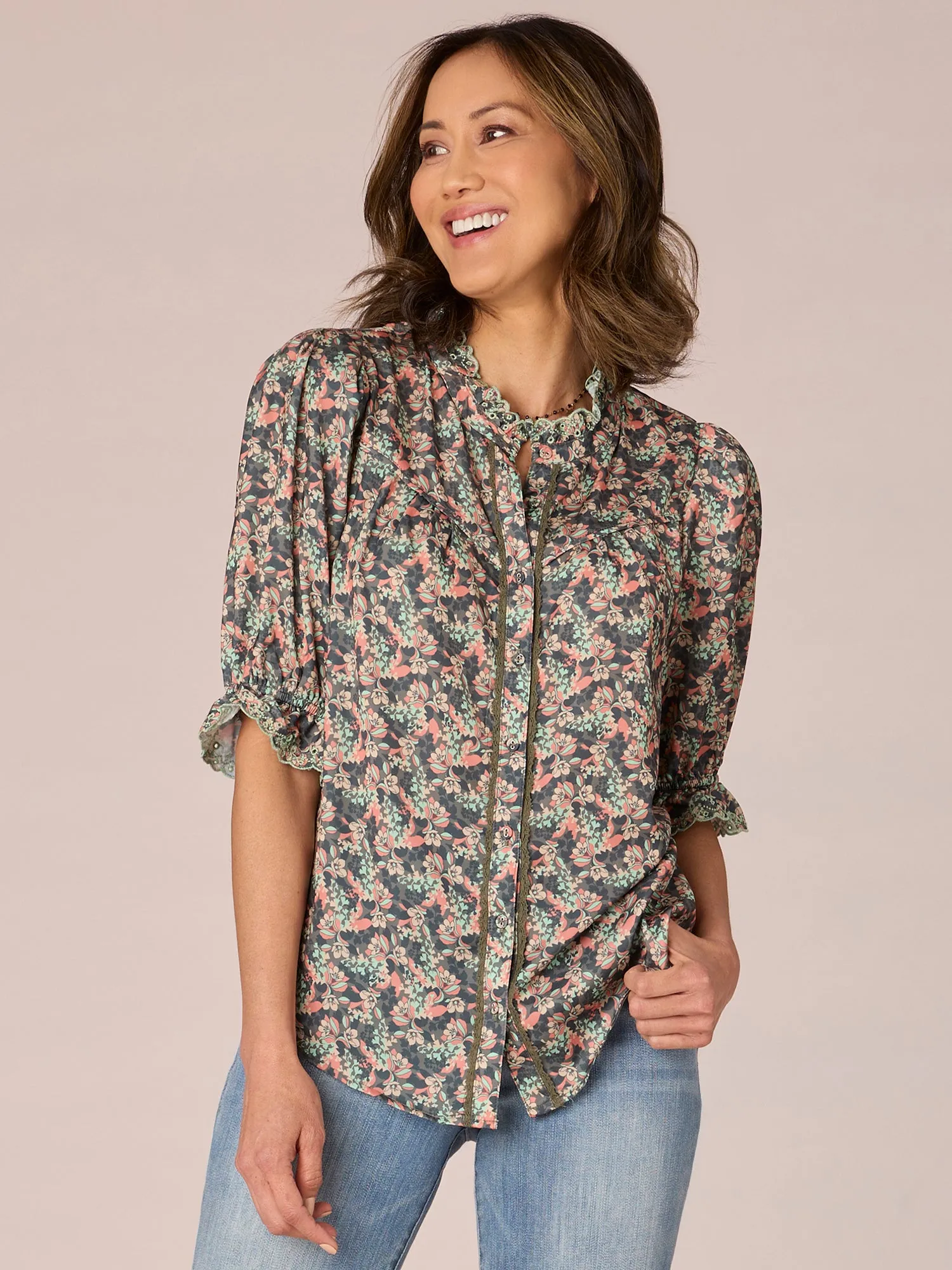 Elbow Sleeve Button Down Eyelet Ruffle Neck Floral Print Woven Top