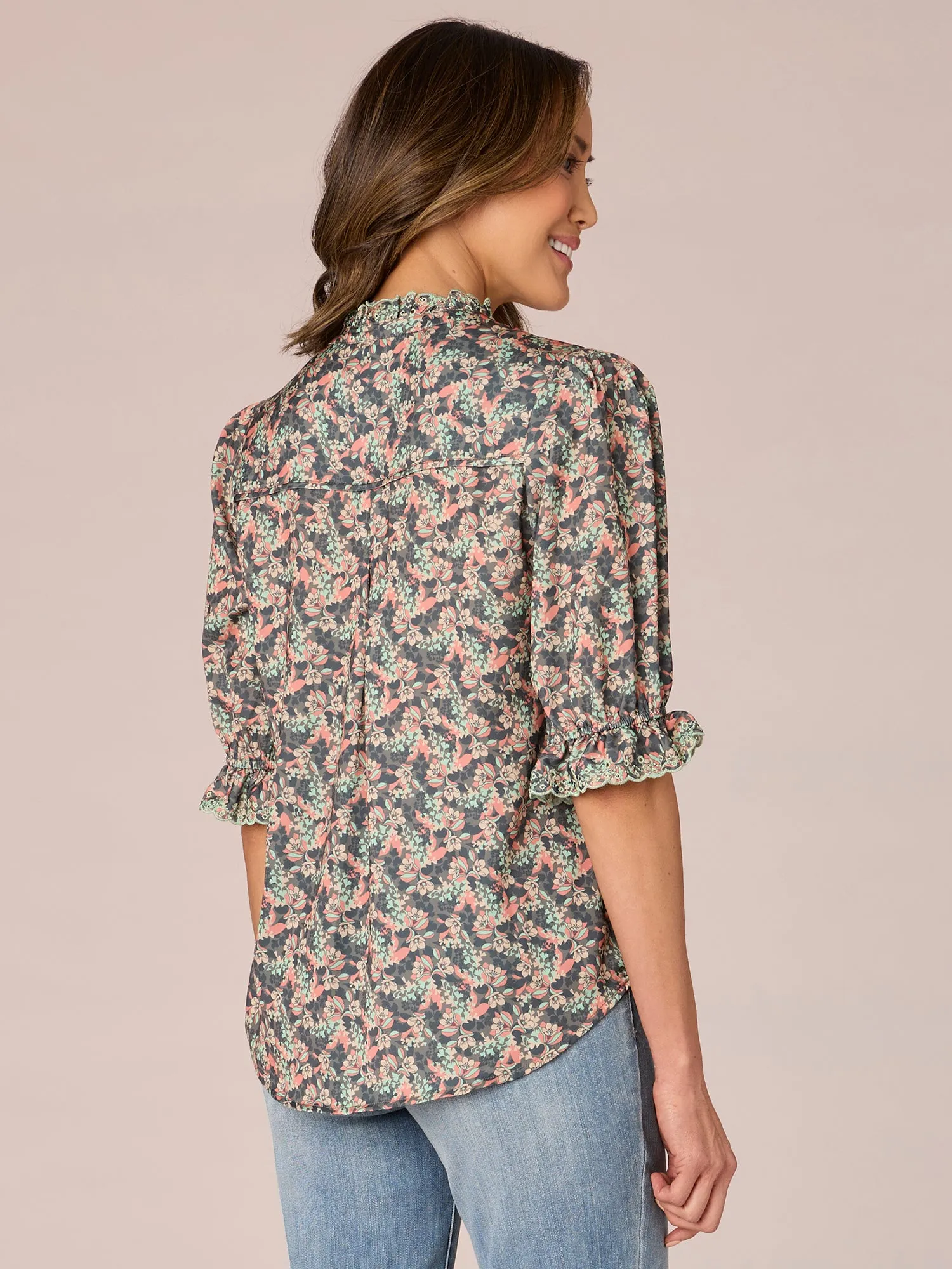 Elbow Sleeve Button Down Eyelet Ruffle Neck Floral Print Woven Top