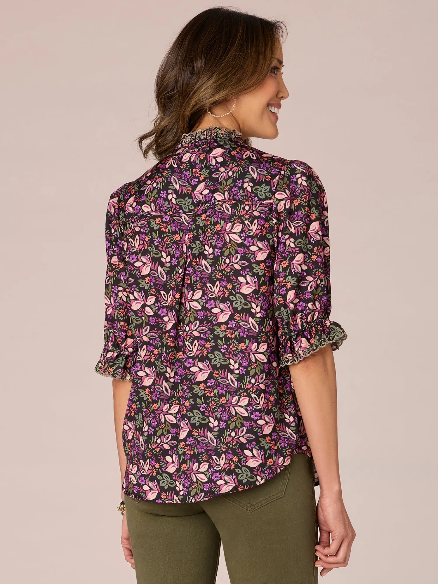 Elbow Sleeve Button Down Eyelet Ruffle Neck Floral Print Woven Top