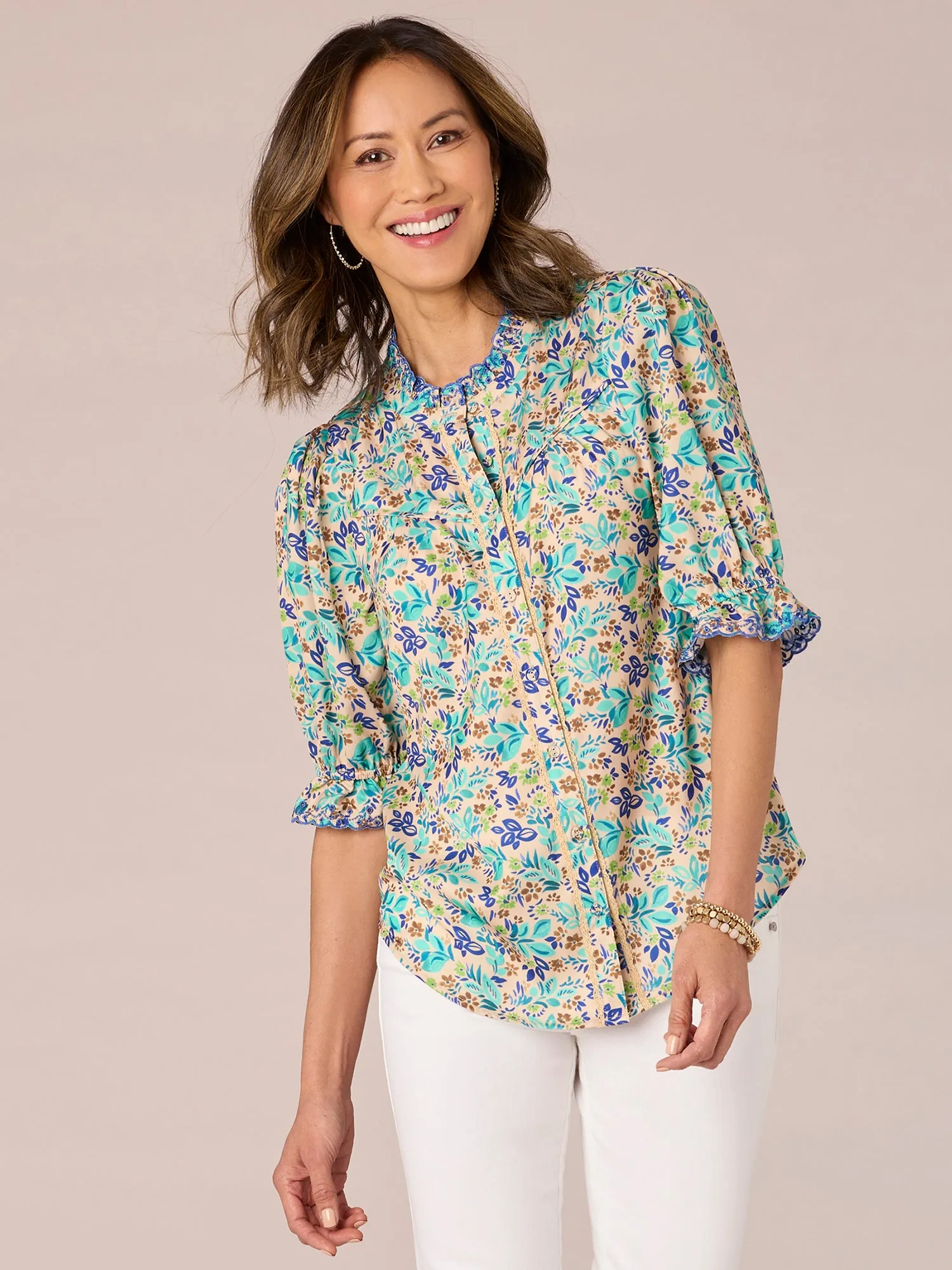 Elbow Sleeve Button Down Eyelet Ruffle Neck Floral Print Woven Top