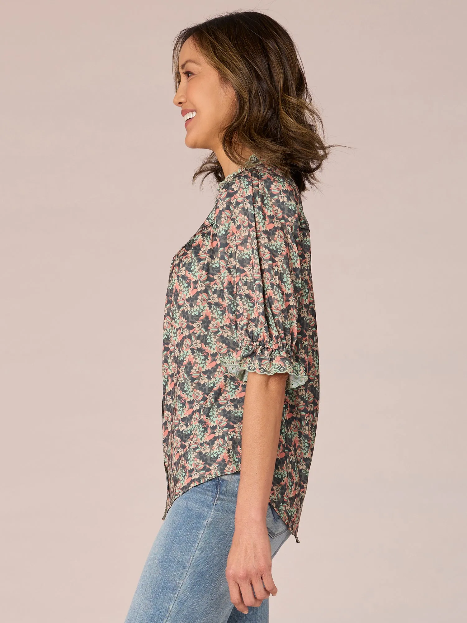 Elbow Sleeve Button Down Eyelet Ruffle Neck Floral Print Woven Top