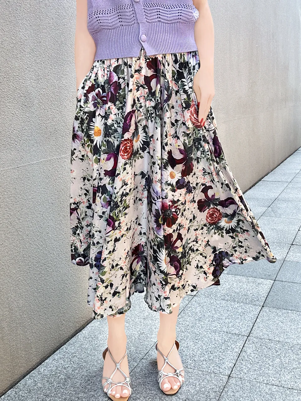 Elegant Multicoloured Floral Banquet Elastic Waist Flare Skirt