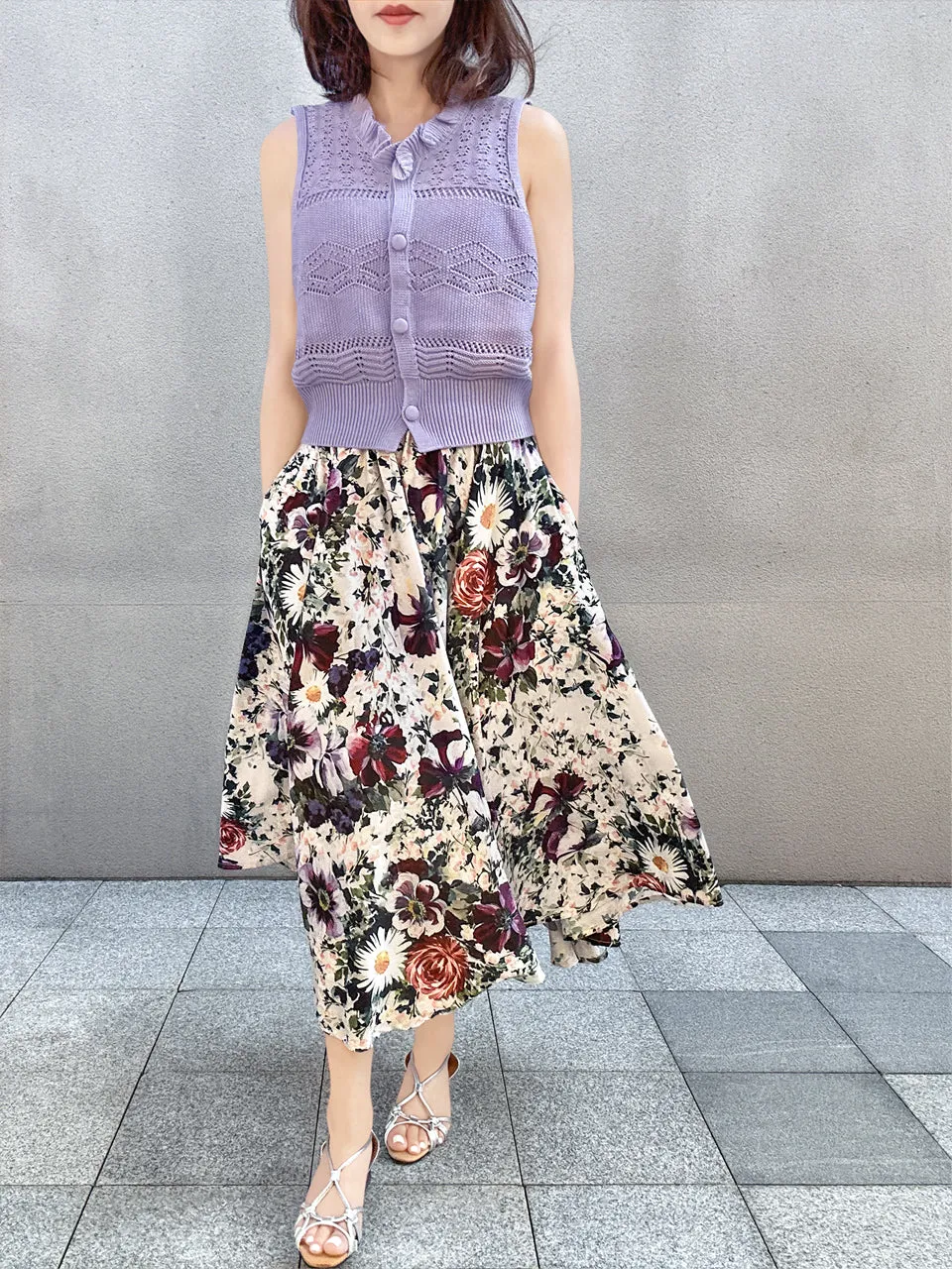 Elegant Multicoloured Floral Banquet Elastic Waist Flare Skirt