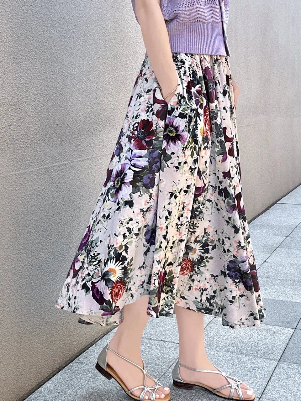 Elegant Multicoloured Floral Banquet Elastic Waist Flare Skirt