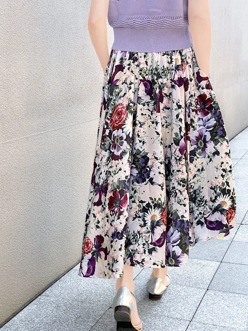 Elegant Multicoloured Floral Banquet Elastic Waist Flare Skirt