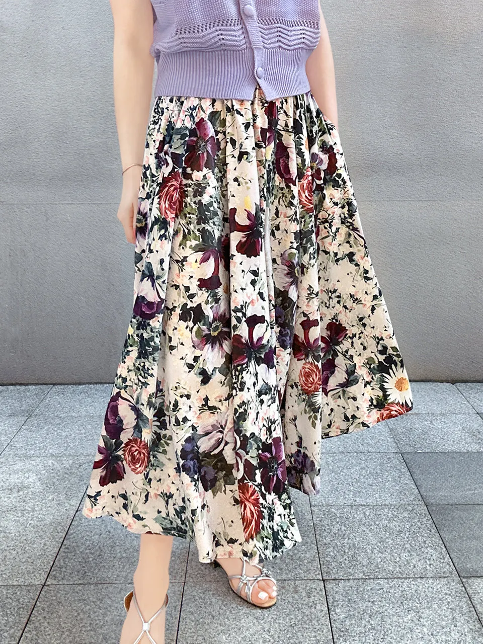 Elegant Multicoloured Floral Banquet Elastic Waist Flare Skirt