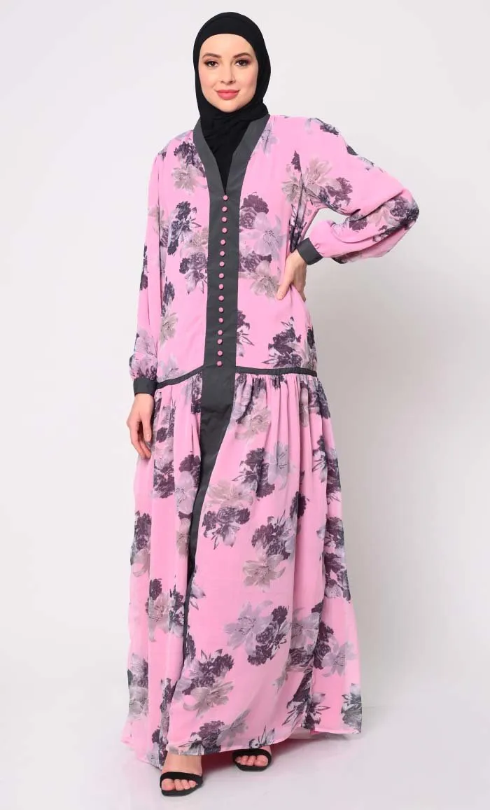 Elegant Pink Chiffon Printed Abaya with Bishop Sleeves and Pockets