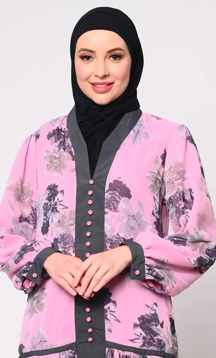 Elegant Pink Chiffon Printed Abaya with Bishop Sleeves and Pockets