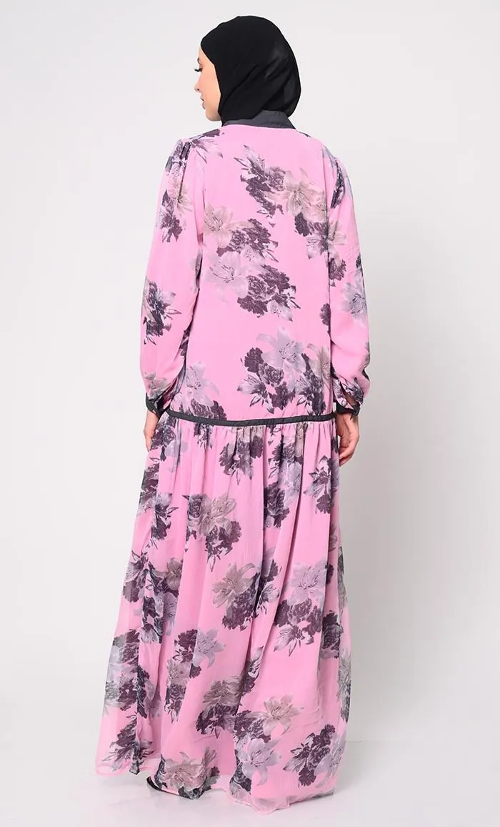 Elegant Pink Chiffon Printed Abaya with Bishop Sleeves and Pockets