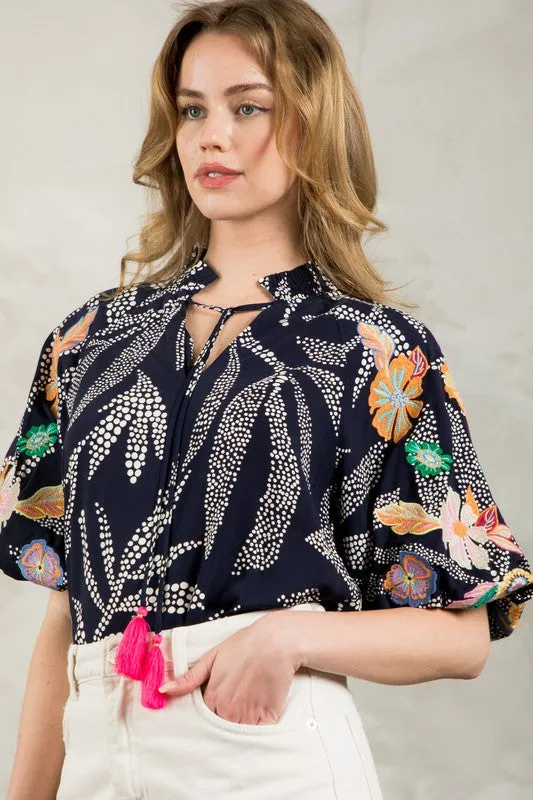 Embroidered Puff Sleeve Tassel Tie Top