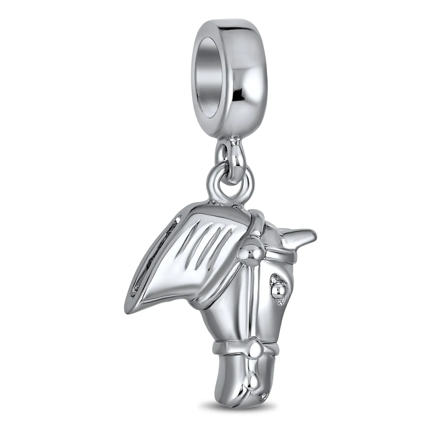 Equestrian Helmet Western Horse Horseshoe Dangle Charm Bead 925 Silver