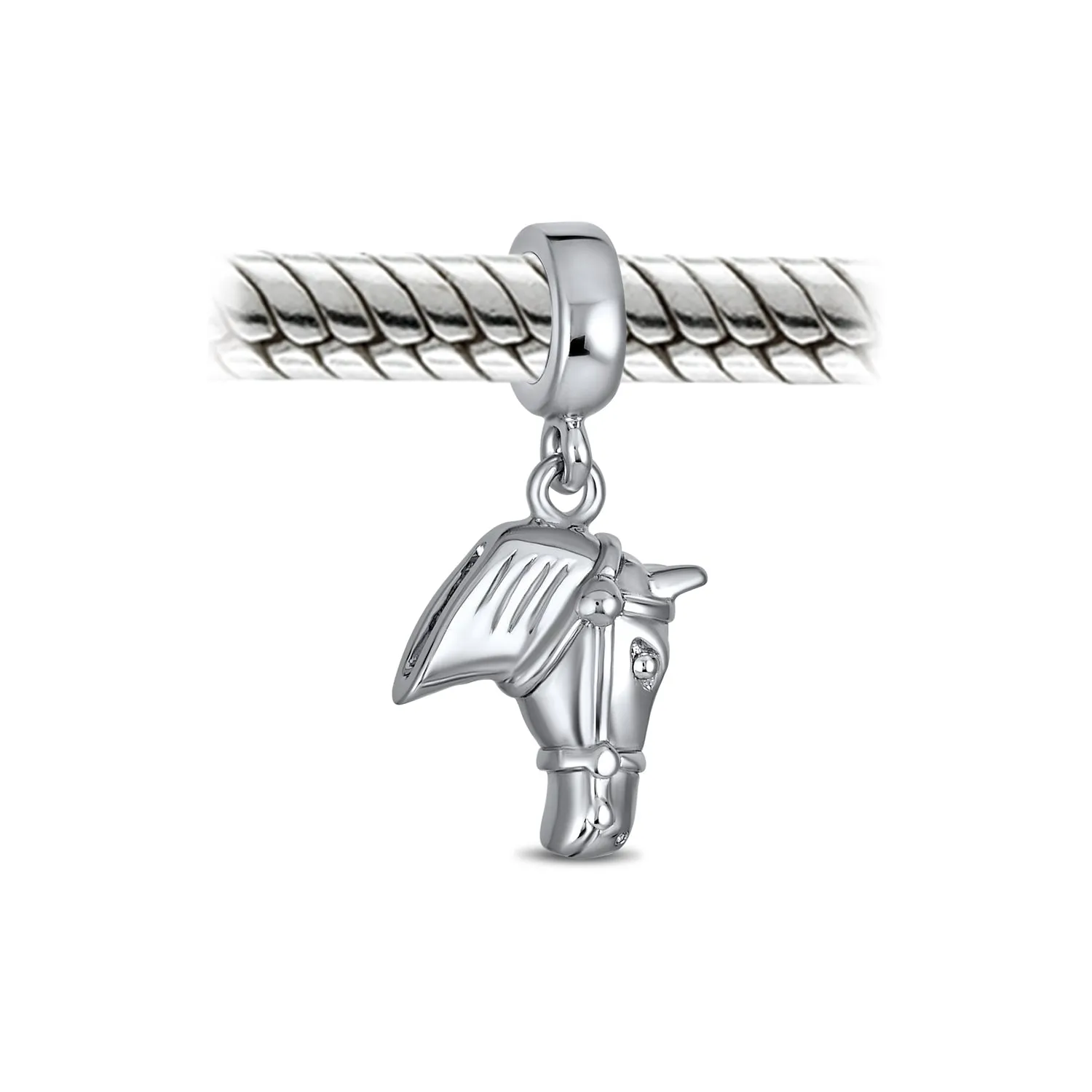 Equestrian Helmet Western Horse Horseshoe Dangle Charm Bead 925 Silver