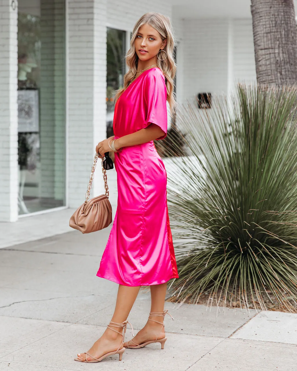 Essex Satin Colorblock Twist Midi Dress - Red Pink - FINAL SALE