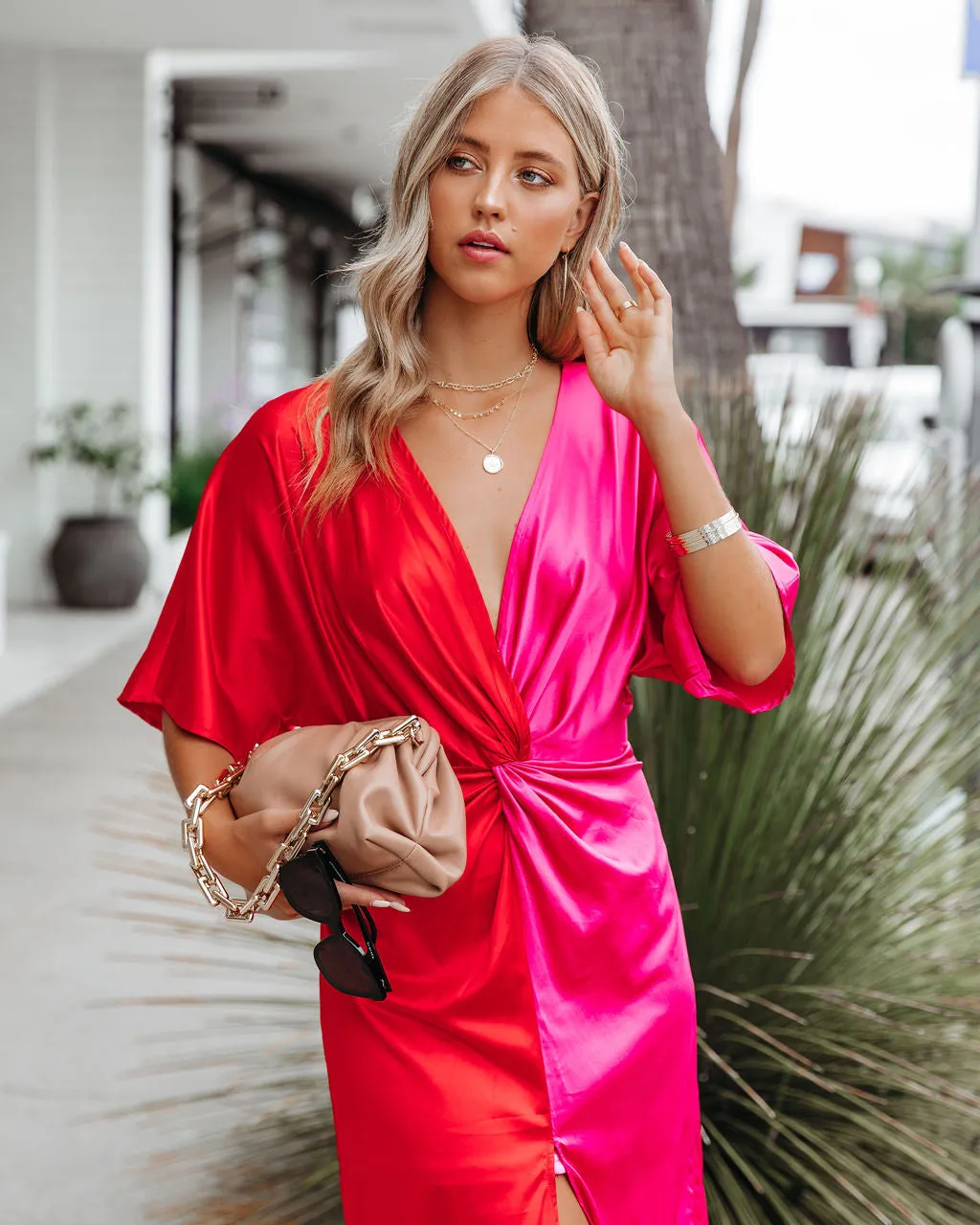 Essex Satin Colorblock Twist Midi Dress - Red Pink - FINAL SALE