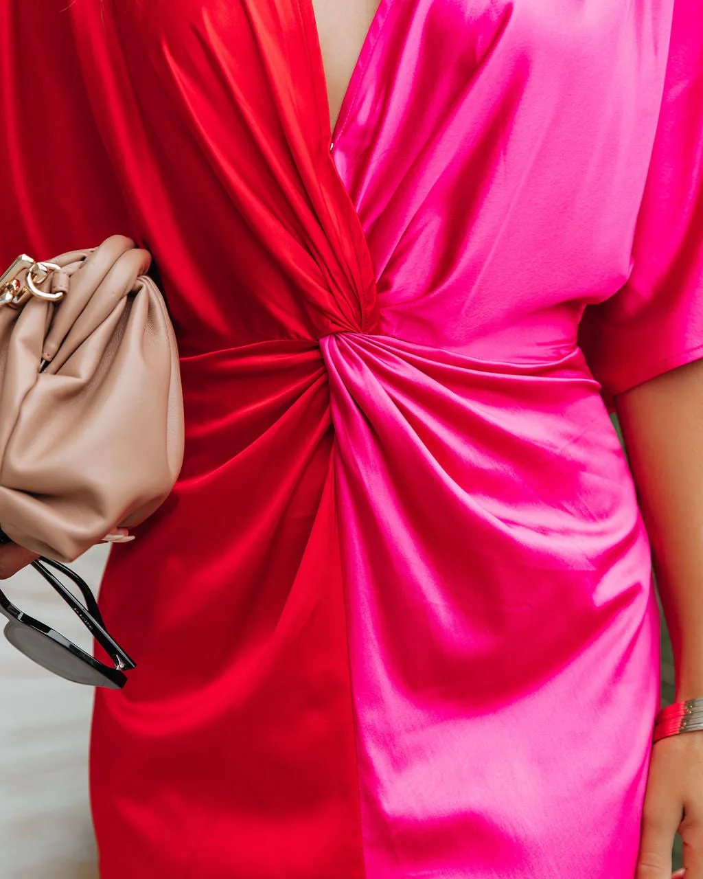 Essex Satin Colorblock Twist Midi Dress - Red Pink - FINAL SALE