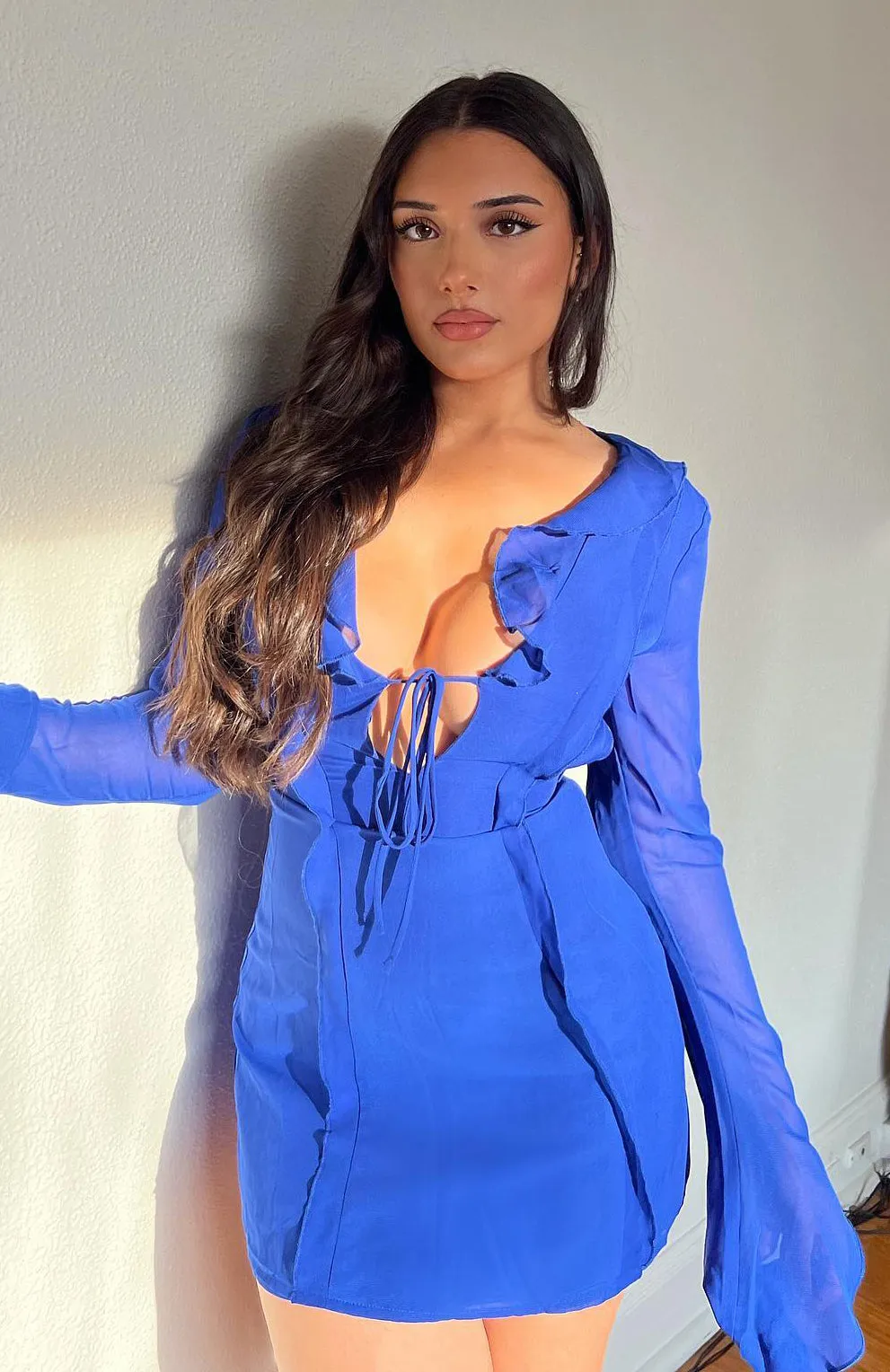 Falling To Pieces Long Sleeve Mini Dress Azure