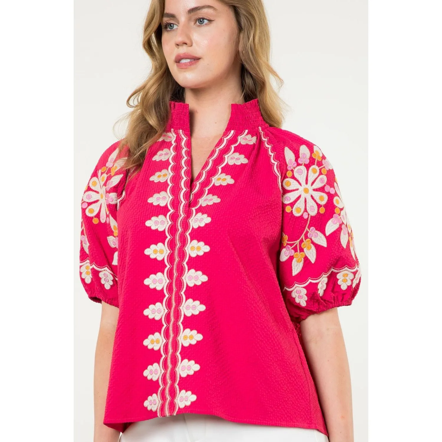 Fawn Embroidered Puff Sleeve Textured THML Top- SALE