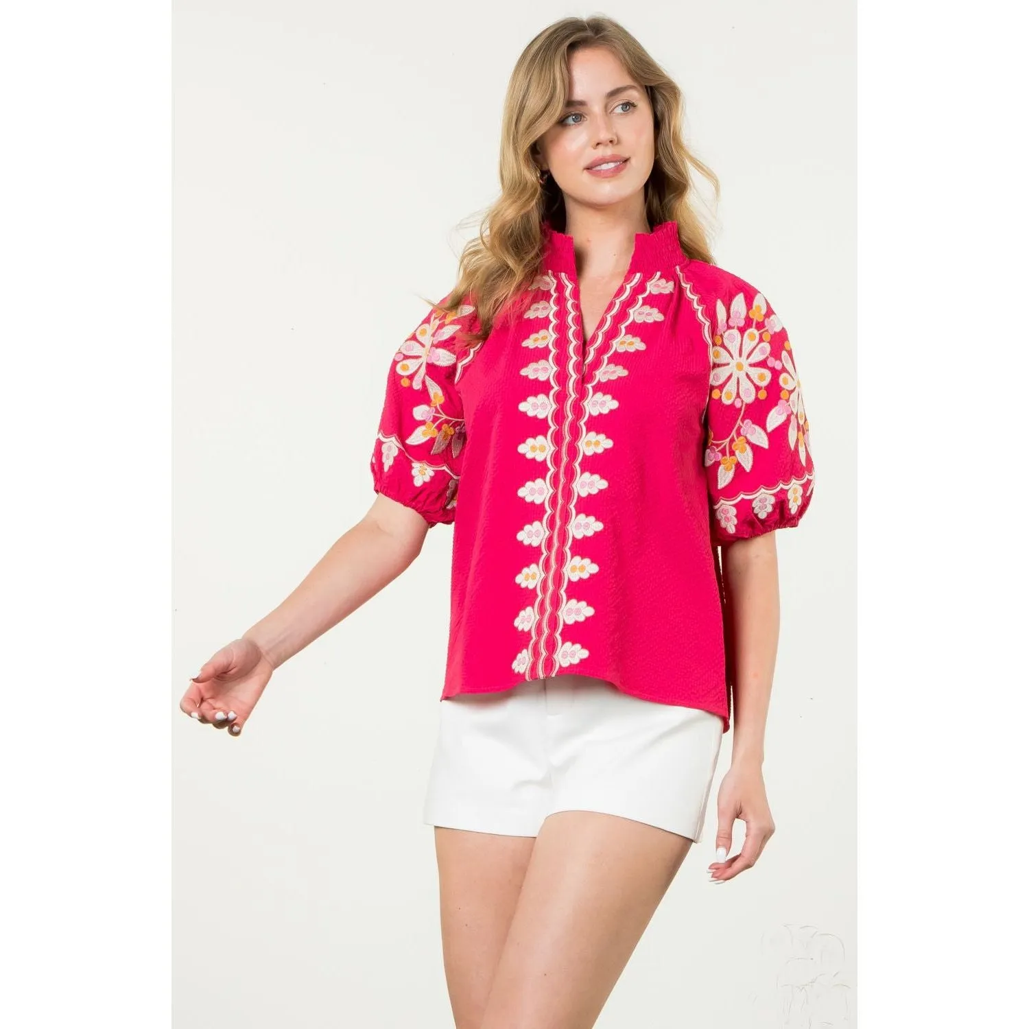 Fawn Embroidered Puff Sleeve Textured THML Top- SALE