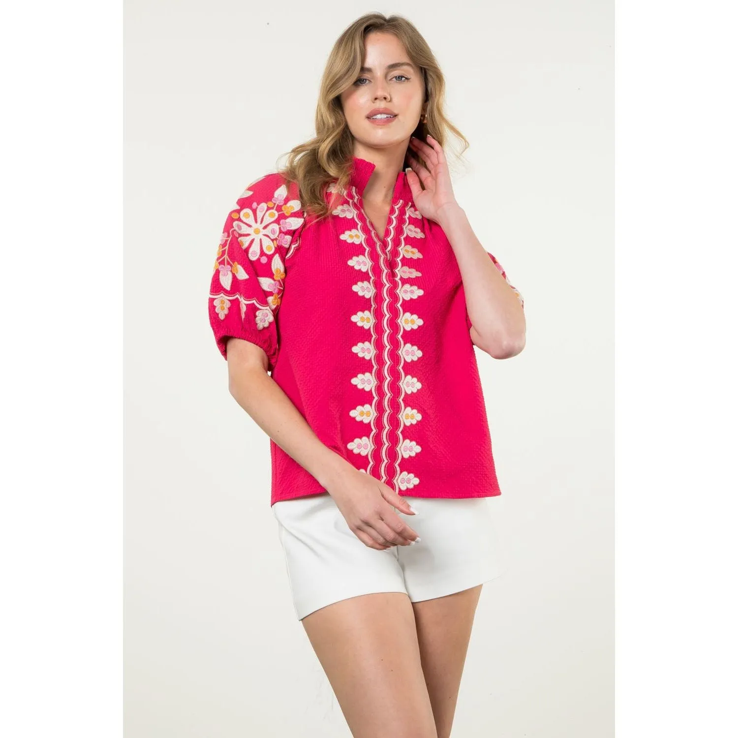 Fawn Embroidered Puff Sleeve Textured THML Top- SALE