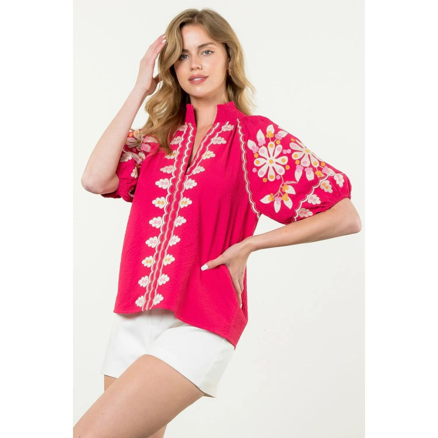 Fawn Embroidered Puff Sleeve Textured THML Top- SALE