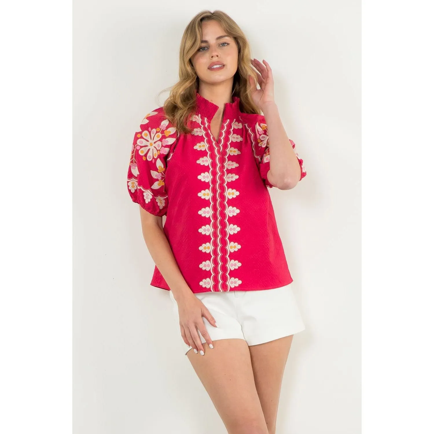 Fawn Embroidered Puff Sleeve Textured THML Top- SALE