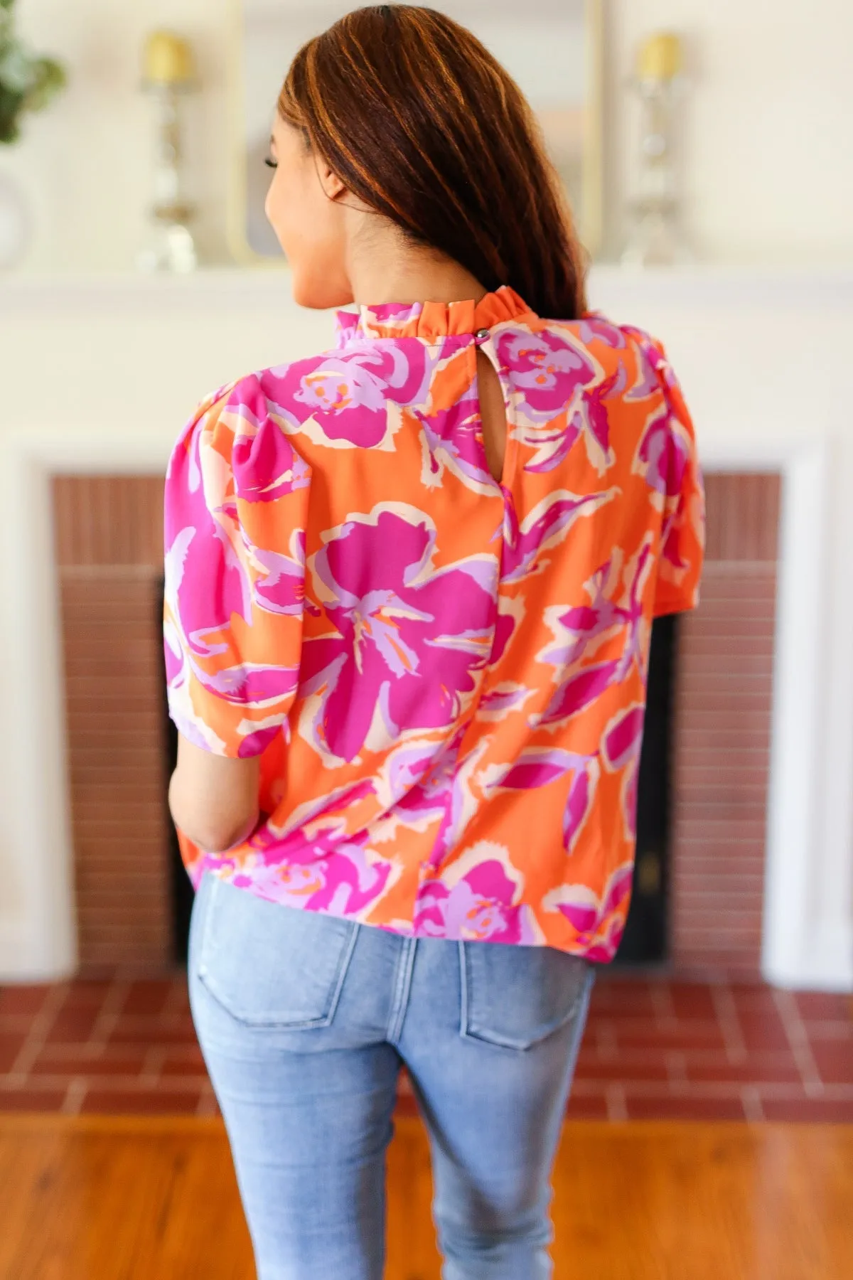 Feel Your Best Fuchsia Orange Floral Print Frill Mock Neck Top (Open Pack)