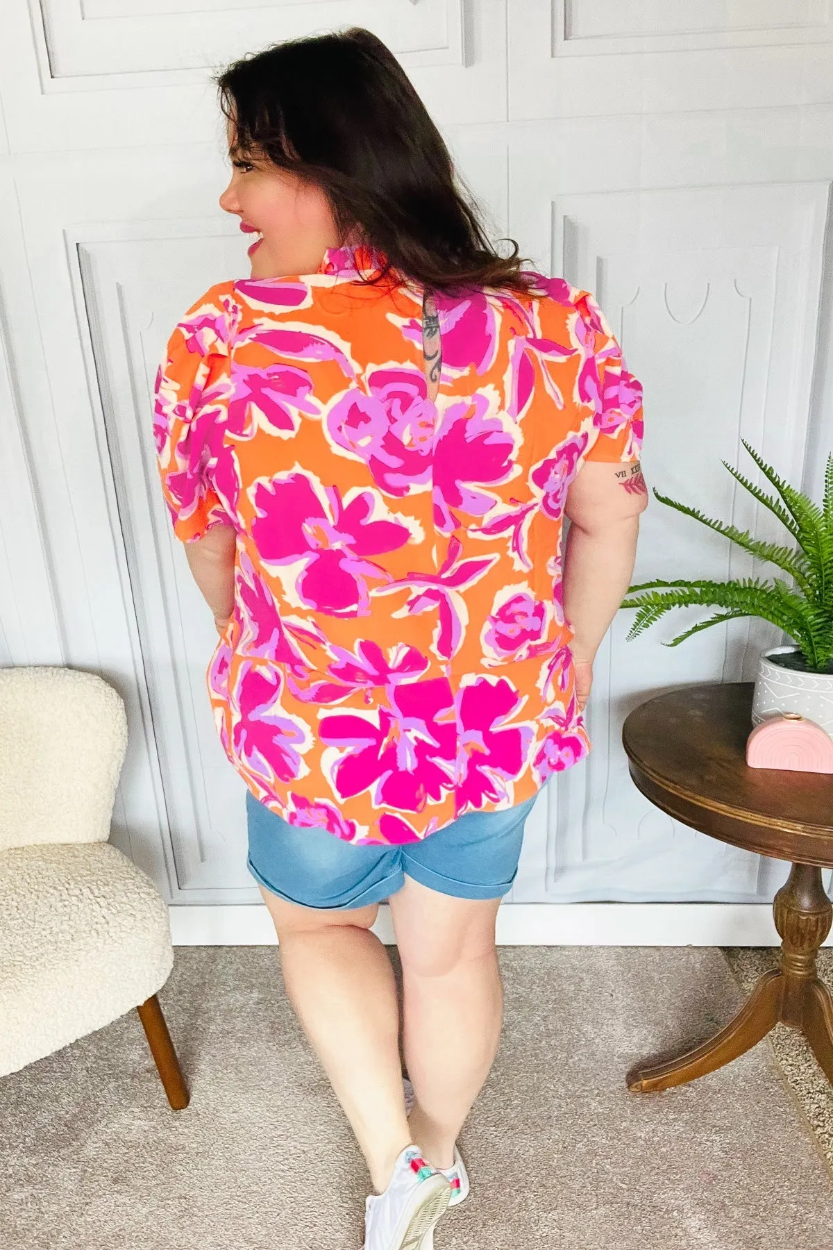 Feel Your Best Fuchsia Orange Floral Print Frill Mock Neck Top (Open Pack)