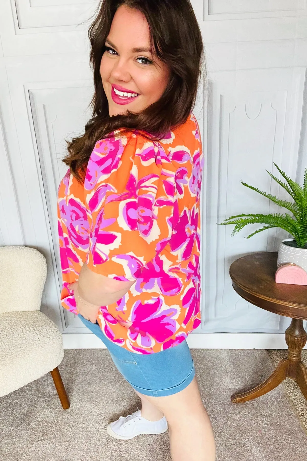 Feel Your Best Fuchsia Orange Floral Print Frill Mock Neck Top (Open Pack)