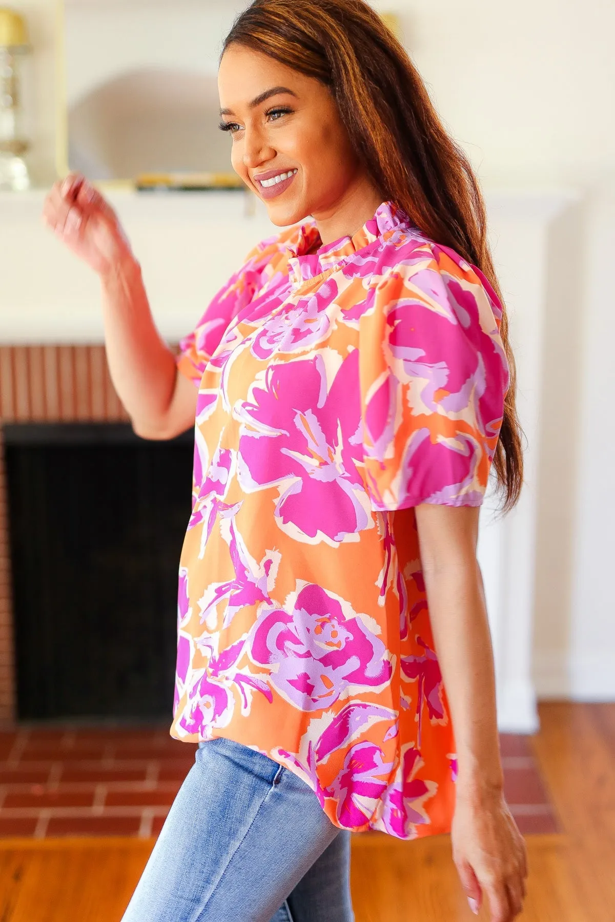 Feel Your Best Fuchsia Orange Floral Print Frill Mock Neck Top (Open Pack)