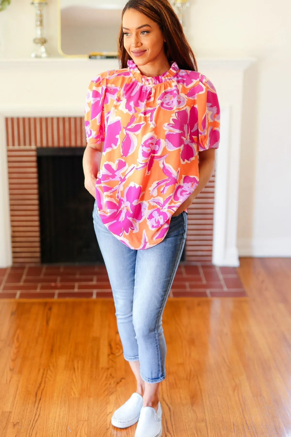 Feel Your Best Fuchsia Orange Floral Print Frill Mock Neck Top (Open Pack)