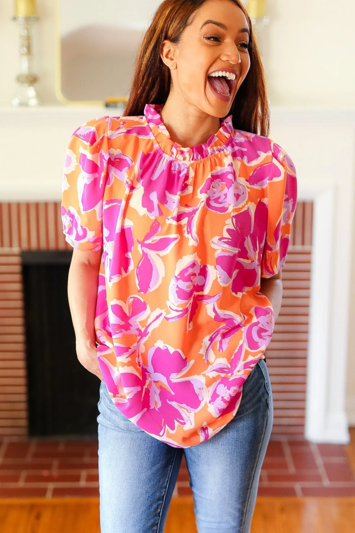 Feel Your Best Fuchsia Orange Floral Print Frill Mock Neck Top (Open Pack)