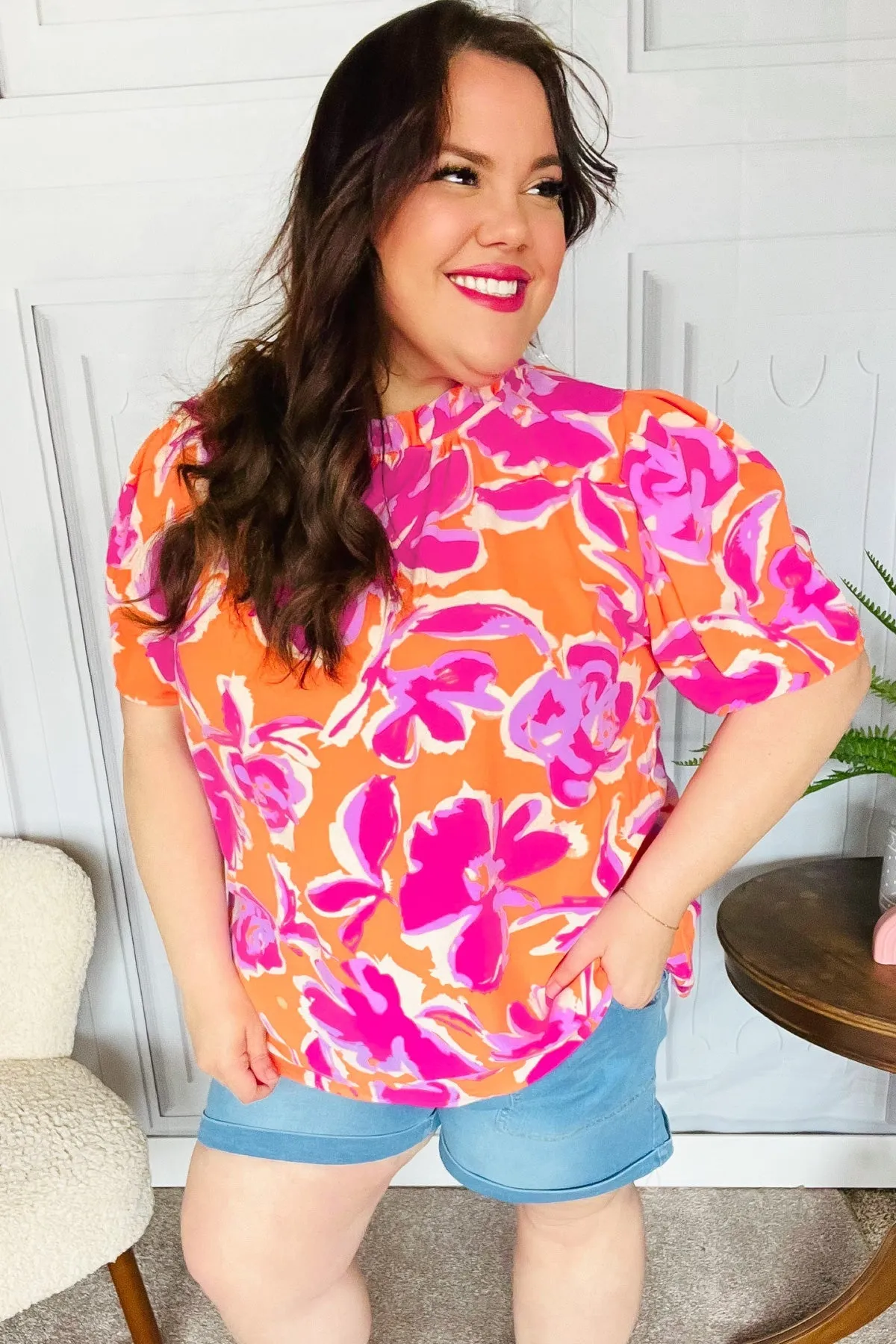 Feel Your Best Fuchsia Orange Floral Print Frill Mock Neck Top (Open Pack)