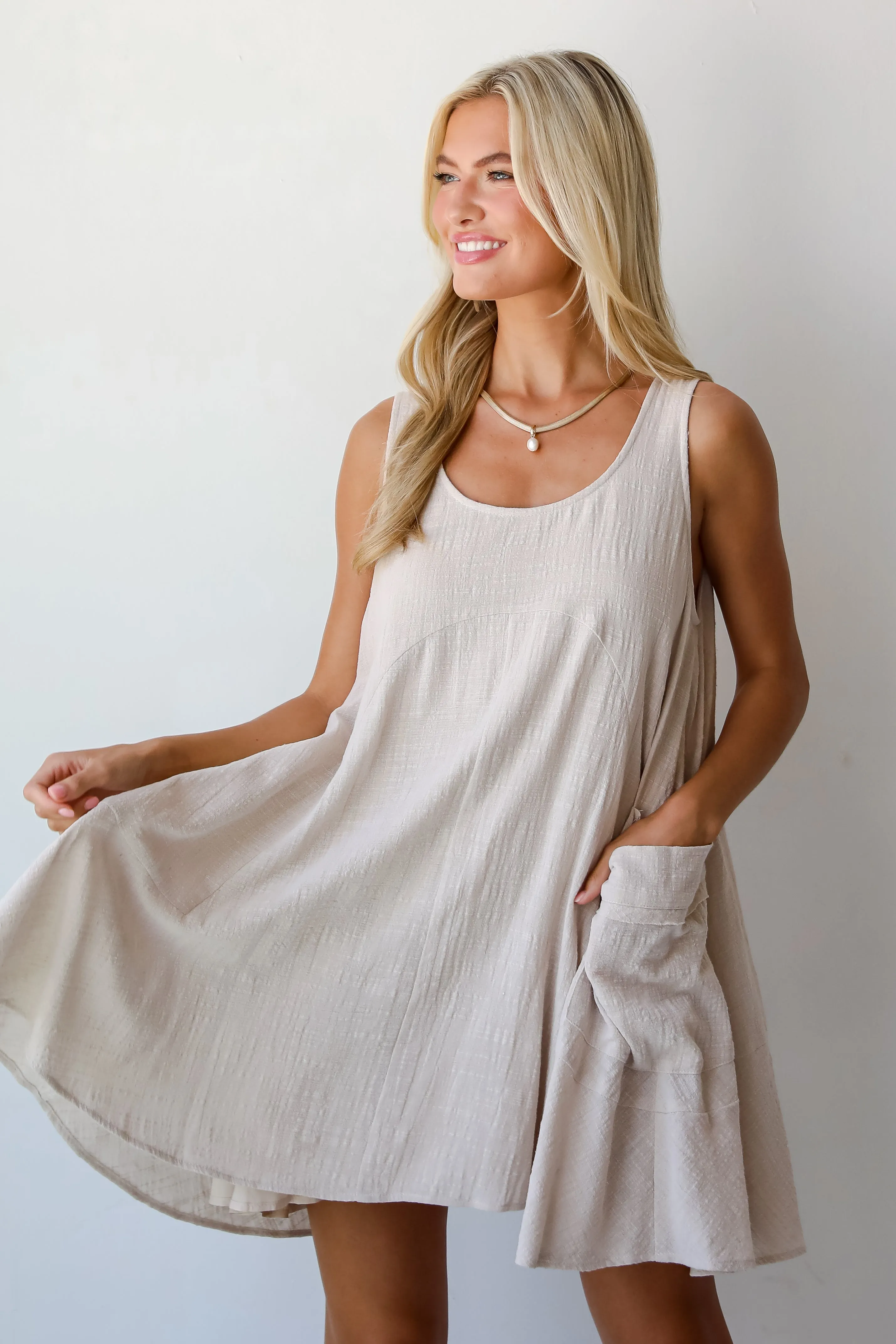 FINAL SALE - Bohemian Perfection Oatmeal Linen Mini Dress