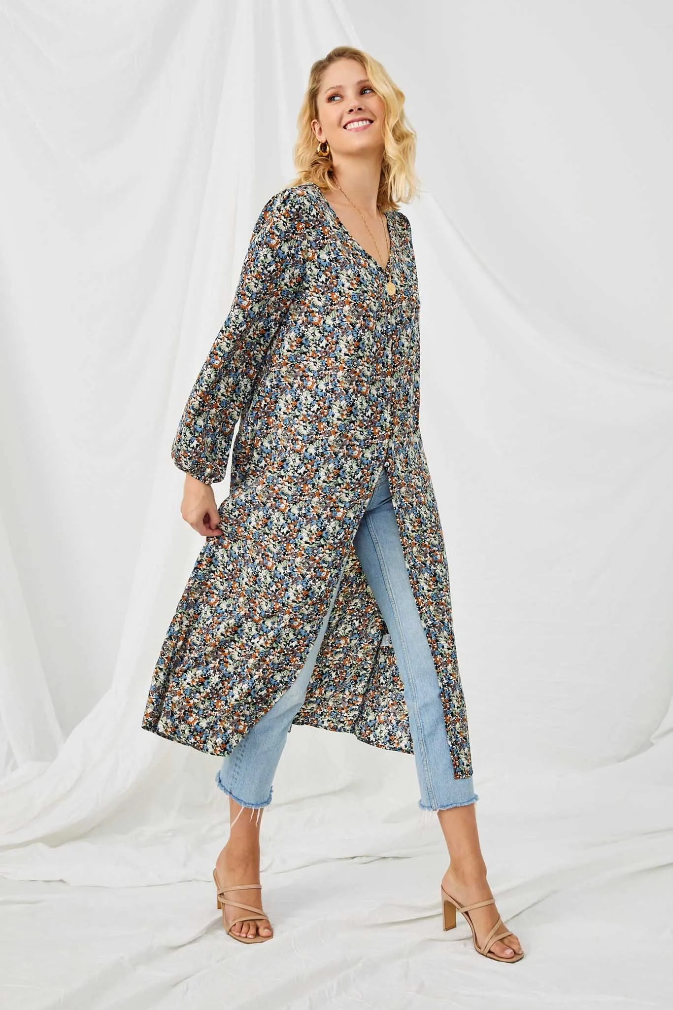 Floral Buttoned Puff Sleeve Duster