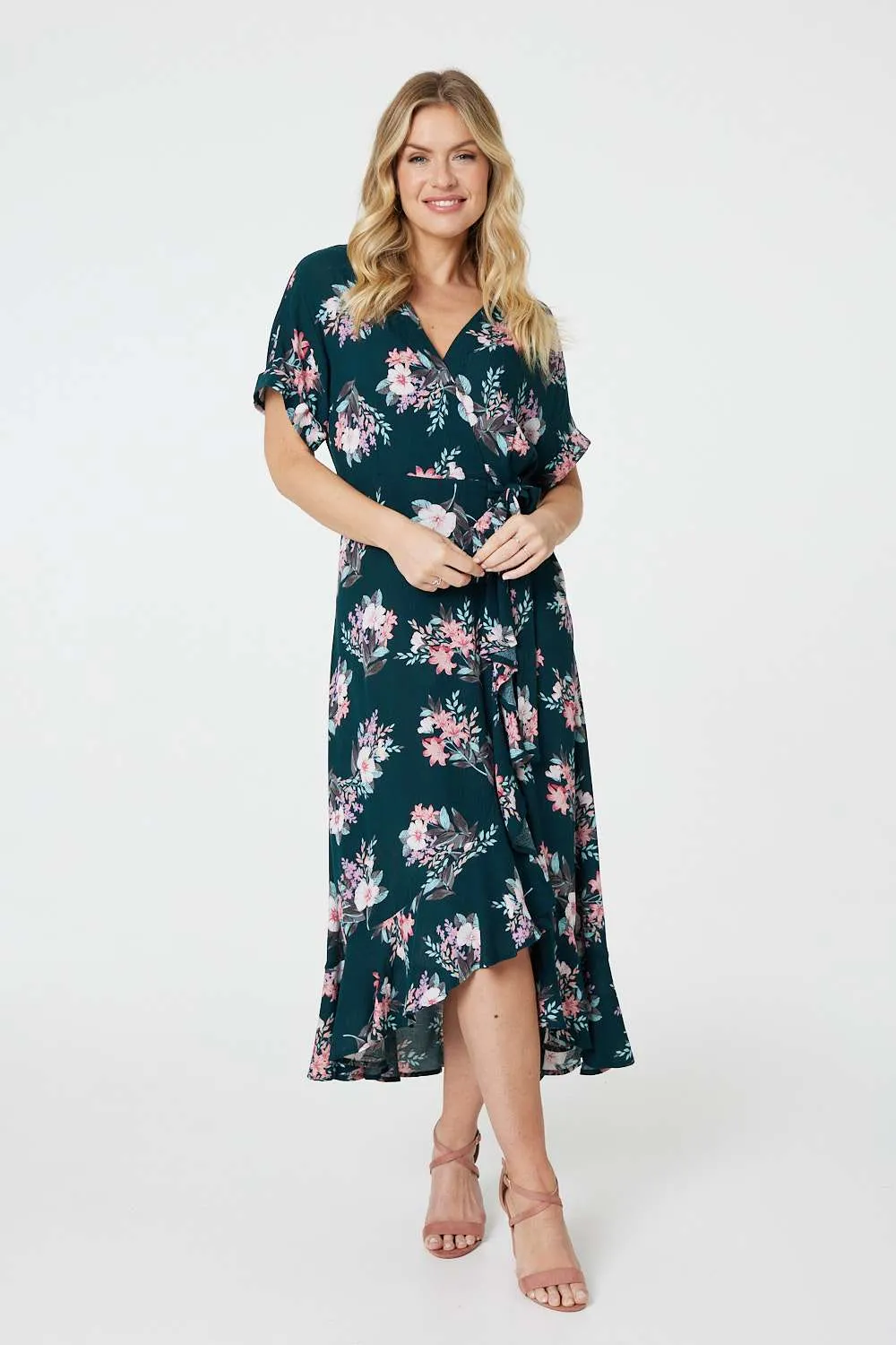 Floral Frill Hem Midi Wrap Dress