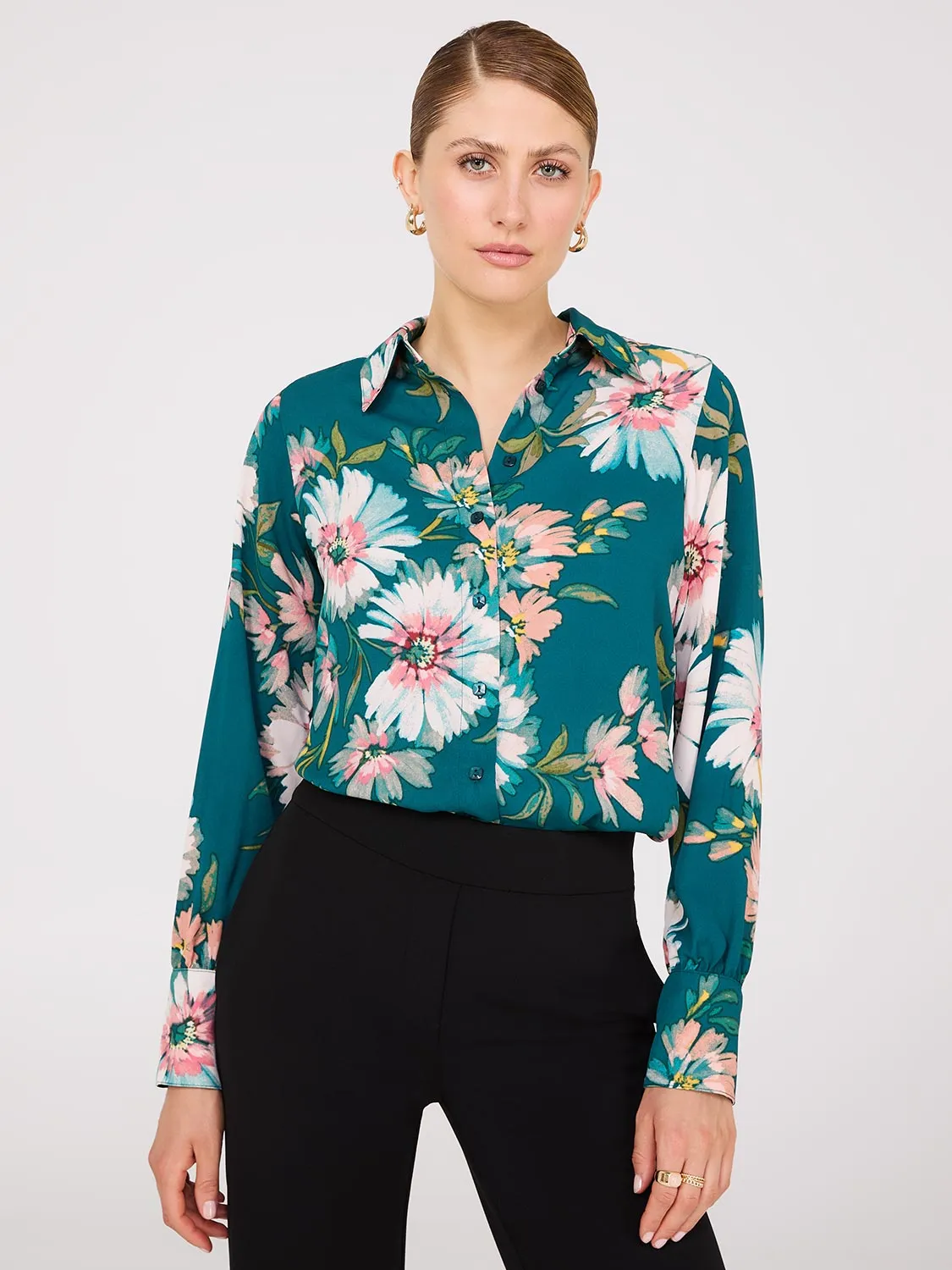 Floral Print Chiffon Button-Front Blouse