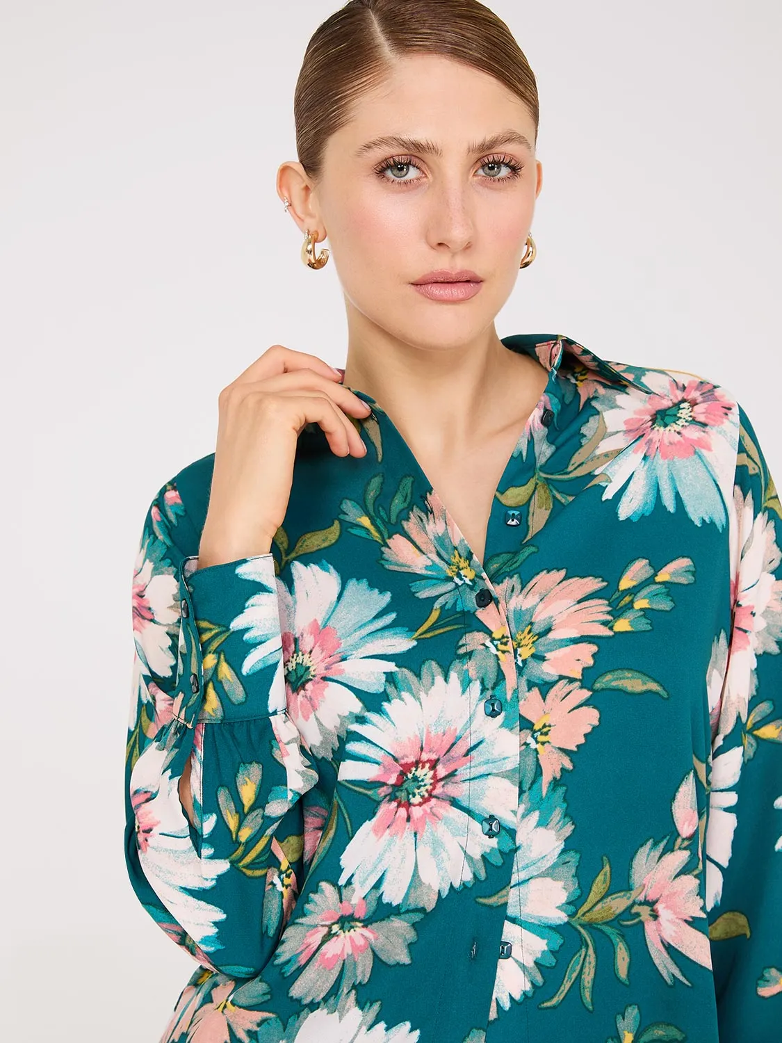 Floral Print Chiffon Button-Front Blouse